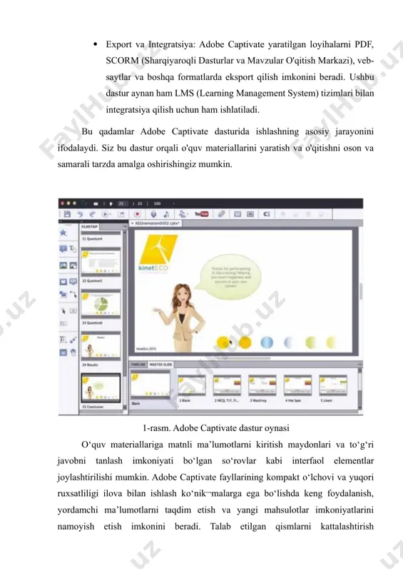 tishni oson va samarali tarzda amalga oshirishingiz mumkin. 1-rasm. adobe captivate dastur oynasi o‘quv materiallariga matnli ma’lumotlarni kiritish maydonlari va to‘g‘ri javobni tanlash imkoniyati bo‘lgan so‘rovlar kabi interfaol elementlar joylashtirilishi mumkin. adobe captivate fayllarining kompakt o‘lchovi va yuqori ruxsatliligi ilova bilan ishlash ko‘nik¬malarga ega bo‘lishda keng foydalanish, yordamchi ma’lumotlarni taqdim etish va yangi mahsulotlar imkoniyatlarini namoyish etish imkonini beradi. talab etilgan qismlarni kattalashtirish texnologiyasini qo‘llagan holda o‘quv kontentga ega ekranning aniq sohalariga foydalanuvchi diqqatini jalb qilish imkonini beradi. adobe captivate yordamida ishlab chiqilayotgan o‘quv kurslari flash texnologiyasiga asoslangan. adobe captivatening yuqorida ko‘rib chiqilgan imkoniyatlariga qaramay, bu texnologiya yopiq, maxsus va planshet qurilmalar va smartfonlar qo‘llab-quvvatlanmasligini ta’kidlash lozim. bundan tashqari, bu texnologiyalar hisoblash resurslariga juda talabchan, bu esa hozirda keng tarqalgan shaxsiy kompyuterlarning rusumlarida noutbuklarda (ko‘p quvvat sarflaydi) ishlatish uchun noqulaylik tug‘diradi. adobe captivate dasturini ishga tushiring va bosh menyudan blank project ni tanlang: • software simulation ekran harakatlari, audio / …