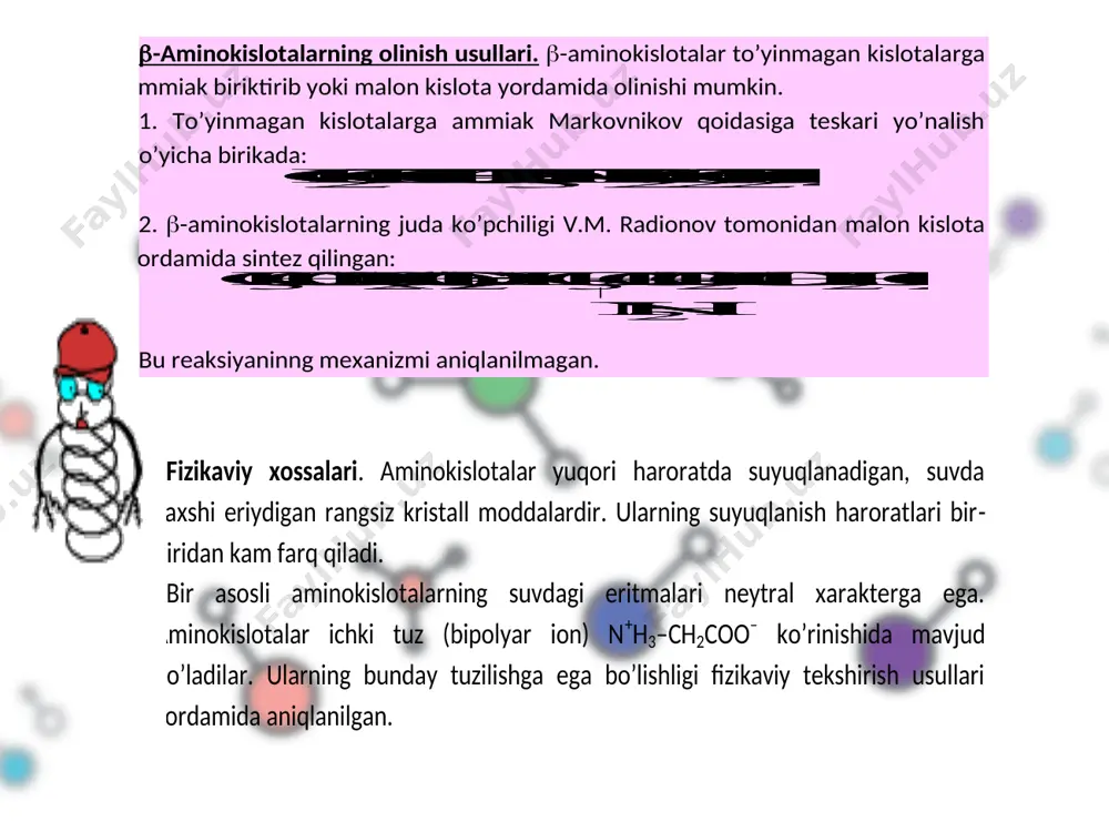 so’ng qaytarib va gidrolizlanganda lizinni hosil qiladi: kaprolaktam polimerlanganda yoki aminokapron kislota polikondensatlanish reaksiyasiga uchratilganda kapron hosil bo’ladi. ch 2 = ch –cooh + 2nh 3 nh 2 –ch 2 –ch 2 –coonh 4 ch 2 = ch –cooh + 2nh 3 nh 2 –ch 2 –ch 2 –coonh 4 ch 3 cho + ch 2 (cooh) 2 ch 3 –ch –ch 2 –cooh + h 2 o + co 2 nh 2 ch 3 cho + ch 2 (cooh) 2 ch 3 –ch –ch 2 –cooh + h 2 o + co 2 nh 2 o + h 2 n –oh n –oh h 2 so 4 ch 2 c n oh c nh o циклогексанон циклогексаноноксим бекман кайта гурухланиш o + h 2 n –oh n –oh h 2 so 4 ch 2 c n oh c nh o c nh o циклогексанон циклогексаноноксим бекман кайта гурухланиш c …