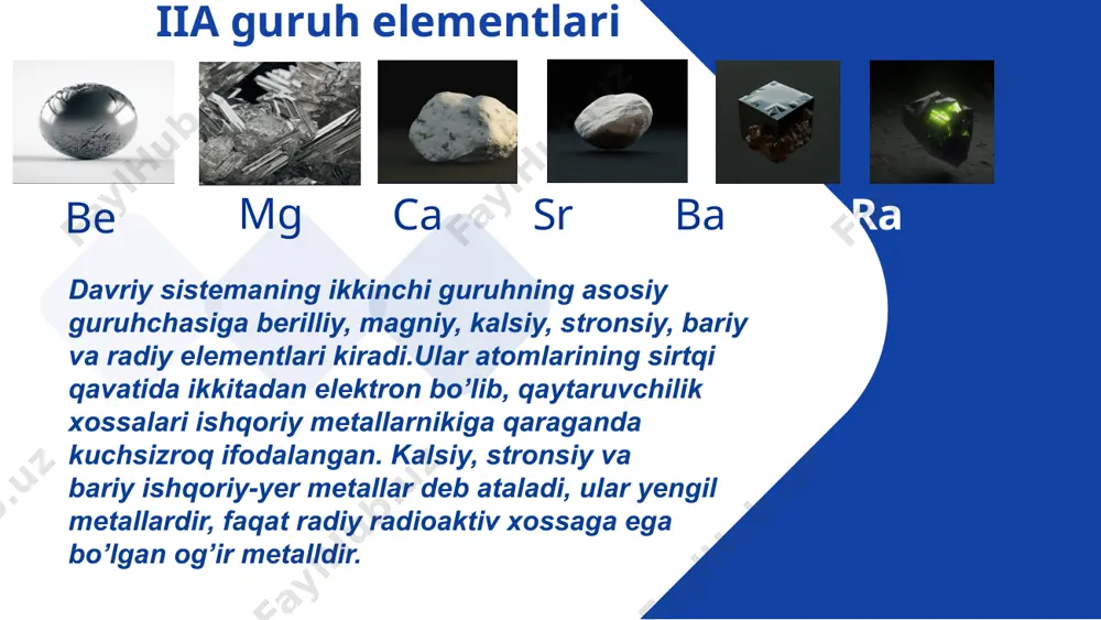ыше 800°c) kislotali oksidlar 2mg + co2 = 2mgo + c 2mg + sio2 = si + 2mgo (1000°c) 1. aviatsiya va kosmonavtika: magniy va uning qotishmalari yengil va mustahkam bo'lganligi sababli aviatsiya va kosmonavtika sanoatida keng qo'llaniladi. 2. avtomobil sanoati: avtomobil sanoatida magniy qotishmalari avtomobil qismlarini ishlab chiqarishda ishlatiladi. 3. elektronika va kompyuter texnologiyalari: magniy qotishmalari noutbuklar, mobil telefonlar va boshqa elektron qurilmalar uchun qobiqlar va korpuslar ishlab chiqarishda qo'llaniladi. 4. qishloq xo'jaligi: magniy qishloq xo'jaligida o'g'it sifatida ishlatiladi. magniy sulfatdan asosam. 5. tibbiyot: magniy tibbiyotda ham keng qo'llaniladi. 6. metallurgiya: magniy boshqa metallarni tozalash va qotishmalar ishlab chiqarishda foydalaniladi. foydalanilgan adabiyootlar “anorganik kimyo nazariyasi asoslari“ a.parpiyev r.raximov “anorganik kimyo” r.róziyev l.ismoilov “kimyo” g.a.ixtiyorova “kimyo” g.p.xomchenko “kimyo” s.masharipov i.tirkashev “общая и неорганическая химия n.ahmedova “anorganik kimyo” mirkomilov berdiqulov “anorganik kimyo” toshpõlatov isxoqov “umumiy kimyo” n.x.maqsudov “anorganik kimyo” r.toxtayev r.aristanbekov image2.png image3.png image4.png image5.png image6.png image7.png image8.jpg image9.jpg image10.jpg image11.jpg …