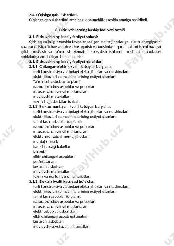 kasbiy faoliyat doirasida vujudga keladigan turli masalalar yechimini topish usullarini tanlay olish; uk-2. rahbar tomonidan belgilangan maqsadga erishish uchun jamoada ishlay olish; uk-3. o‘zining kasbiy malakasini va shaxsiy kamolotini takomillashtirib borish; uk-4. jamoada va ma’lum vazifani bajarishga yo‘naltirilgan guruhda ishlash, hamkasblar, rahbarlar va mijozlar bilan samimiy, xushmuomala va samarali muloqot qilish; uk-5. ta’lim olgan tilida fikrini og‘zaki va yozma ravishda ravon bayon qilish; uk-6. umuminsoniy fazilatlarga ega bo‘lish, o‘z millatini va vatanini sevish, u bilan faxrlanish, milliy urf-odatlar, qadriyatlarni hurmat qilish; uk-7. professional vazifalarni samarali bajarish uchun zarur bo‘ladigan ma’lumotlarni qidirish; uk-8. kasbiy faoliyatida axborot-kommunikatsiya texnologiyalarini qo‘llash; uk-9. kasbga doir hujjatlar bilan ishlash; uk-10. kasbiy faoliyatda xavfsizlik texnikasi va mehnat muhofazasi qoidalariga amal qilish ko‘nikmalariga ega bo‘lish. uk-11. sanoat va nosanoat tashkilotlarda vujudga keladigan chiqindilarni atrof-muhitga zarar yetkazmaslik choralarini koʻrish va utilizatsiya qilish; uk-12. sohaga oid ekologik madaniyatga rioya qilgan holda faoliyat olib borish; 4.2. elektr jihozlari mexanigi kasbi ta’lim …