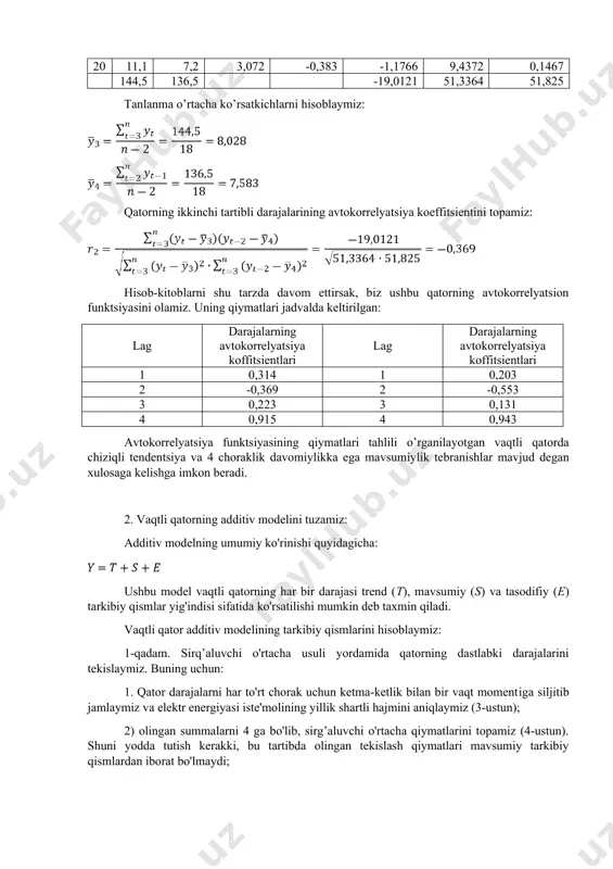 additiv modelining tarkibiy qismlarini hisoblaymiz: 1-qadam. sirq’aluvchi o'rtacha usuli yordamida qatorning dastlabki darajalarini tekislaymiz. buning uchun: 1. qator darajalarni har to'rt chorak uchun ketma-ketlik bilan bir vaqt momentiga siljitib jamlaymiz va elektr energiyasi iste'molining yillik shartli hajmini aniqlaymiz (3-ustun); 2) olingan summalarni 4 ga bo'lib, sirg’aluvchi o'rtacha qiymatlarini topamiz (4-ustun). shuni yodda tutish kerakki, bu tartibda olingan tekislash qiymatlari mavsumiy tarkibiy qismlardan iborat bo'lmaydi; 3) biz ushbu qiymatlarni haqiqiy vaqt momentlariga moslashtiramiz, buning uchun ketma-ket ikkita sirg’aluvchi o'rtachalarning o’rtacha qiymatlarini - markazlashtirilgan sirg’aluvchi o'rtacha qiymatlarini topamiz (5-ustun). additiv modelda mavsumiy tarkibiy qismlar baholarini hisoblash: to’rt chorak bo’yicha jami to’rt chorak bo’yicha sirg’aluvchi o’rtacha markazlashtirilgan sirg’aluvchi o'rtacha mavsumiy tarkibiy qism bahosi 1 6,1 2 4,9 24,7 6,175 3 5,5 25,8 6,45 6,3125 -0,8125 4 8,2 26,2 6,55 6,5 1,7 5 7,2 28,1 7,025 6,7875 0,4125 6 5,3 29,7 7,425 7,225 -1,925 7 7,4 30,7 7,675 7,55 -0,15 8 9,8 31,2 7,8 …