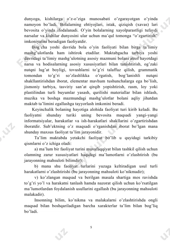tqni lug’at boyligi, tovushlarni to’g’ri talaffuz qilish, grammatik tomondan to’g’ri so’zlashlikka o’rgatish, bog’lanishli nutqni shakllantirishdan iborat, elementar mavhum tushunchalarga ega bo’lish, jismoniy tarbiya, tasviriy san’at qirqib yopishtirish, rasm, loy yoki plastilindan turli buyumlar yasash, qurilishi materiallar bilan ishlash, muzika va boshqa mazmundagi mashg’ulotlar bolani aqliy jihatdan maktab ta’limini egallashga tayyorlash imkonini beradi. keyinchalik bolaning hayotiga alohida faoliyat turi kirib keladi. bu faoliyatni shunday turiki uning bevosita maqsadi yangi-yangi informatsiyalar, harakatlar va ish-harakatlari shakllarini o’zgartirishdan iboratdir. sub’ektning o’z maqsadi o’rganishdan iborat bo’lgan mana shunday maxsus faoliyat ta’lim jarayonidir. ta’lim maktabda yetakchi faoliyat bo’lib u quyidagi tarkibiy qismlarni o’z ichiga oladi: a) ma’lum bir faoliyat turini muvafaqqiyat bilan tashkil qilish uchun olamning zarur xususiyatlari haqidagi ma’lumotlarni o’zlashtirish (bu jarayonning mahsuloti bilimdir); b) mana shu faoliyat turlarini yuzaga keltiradigan usul turli harakatlarni o’zlashtirishi (bu jarayonning mahsuloti ko’nikmadir); v) ko’zlangan maqsad va berilgan masala shartiga mos ravishda to’g’ri yo’l va harakatni tanlash hamda nazorat …