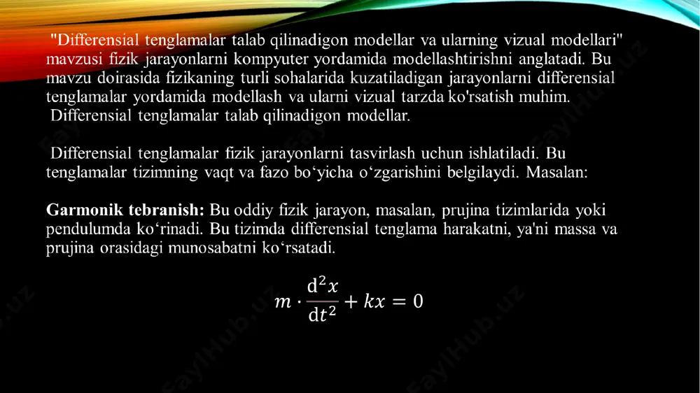 ', color='red') plt.title('garmonik tebranish (faqat math + matplotlib)') plt.xlabel('vaqt (s)') plt.ylabel('qiymat') plt.grid(true) plt.legend() plt.show() biz garmonik tebranish tizimi uchun differensial tenglama tizimni python yordamida modellashtirdik va vizual tarzda ko‘rdik. buning uchun ikkita kutubxonadan foydalandik. 1. math moduli (python standard library) tavsifi: math — python'ning standart kutubxonasi bo‘lib, asosiy matematik funksiyalar (ildiz, sinus, kosinus, logarifm va h.k.) ni bajaradi. afzalliklari: juda yengil, tez ishlaydi. har bir python'ga o‘rnatilgan, alohida o‘rnatish shart emas. matplotlib – bu python dasturlash tilida grafikalar chizish uchun ishlatiladigan kutubxona. u ayniqsa ilmiy hisob-kitoblar, statistik tahlillar, ma'lumotlar vizualizatsiyasi (data visualization) uchun keng qo'llaniladi. asosiy imkoniyatlari: 2d grafiklar: chiziqli grafiklar (line plot), nuqtali grafiklar (scatter plot), histogramma, bar chart, pie chart va h.k. grafiklarni sozlash: sarlavha (title), o‘qlar nomlari, legenda, rang, chiziq uslublari. interaktiv grafiklar (agar jupyter notebook yoki gui kutubxonalar bilan birga ishlatilsa). 2. python math moduli haqida math – bu python’da matematik funksiyalarni bajarish uchun ichki (standart) …