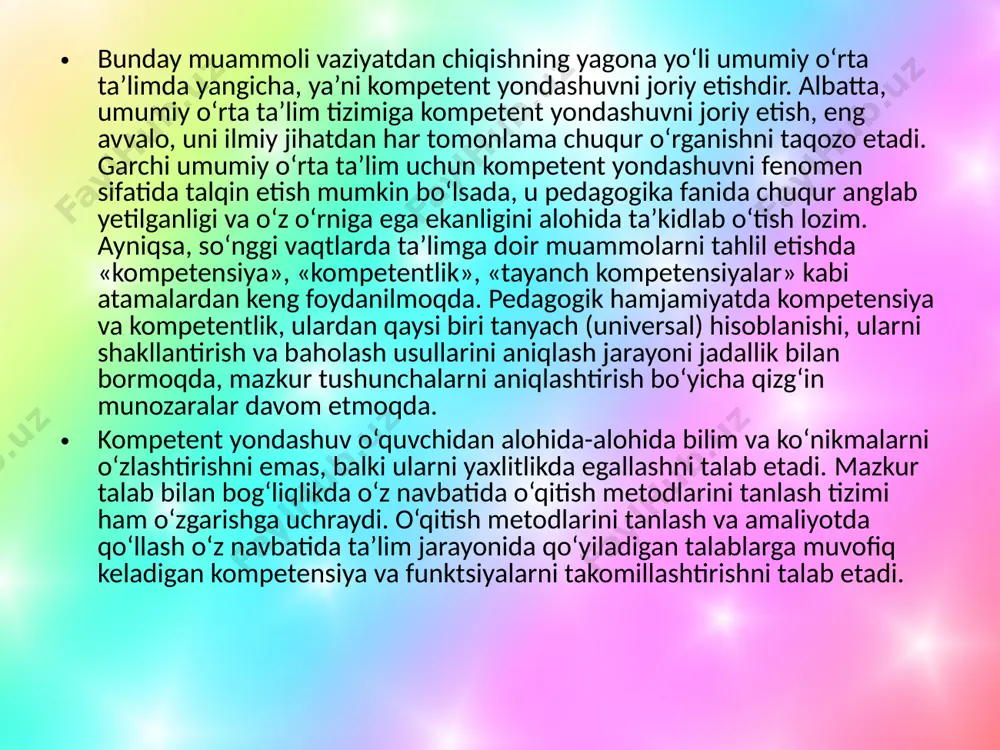 tamoyili ta’limni insonparvarlashtirishdagi to‘siqlarni yo‘qotishga imkon beradi. u ijtimoiy-gumanitar va tabiiy-ilmiy bilimlarni birlashtirish, ketma-ketlikni o‘rnatish va fanlararo aloqalarni o‘quvchilarning idrok etishi va amaliy faoliyat metodologiyasining mohiyatini anglab yetishlariga tayanishni talab etadi. ta’lim mazmunining ketma-ketligi tamoyili. mazkur tamoyil ta’lim mazmunini o‘sib boruvchi yo‘nalishda rejalashtirishdan iborat bo‘lishini anglatadi, bunda birinchi navbatda har bir yangi bilim avvalgisiga tayanadi va undan kelib chiqadi. ta’limning mazmuni muntazamligi tamoyili. ushbu tamoyil o‘rganilayotgan bilimlar va shakllantirilayotgan malakalar va kompetentsiyalarni yagona tizimdagi o‘rni, umumiy o‘rta ta’ lim, barcha o‘quv kurslari va yaxlit mazmunning bir-biriga hamda umuminsoniy, milliy madaniyat tizimi aloqadorlikda ko‘rib chiqishni ko‘zda tutadi. ta’lim mazmunining o‘quvchilar yosh xususiyatlariga mosligi tamoyili. mazkur tamoyil ta’lim mazmunini loyihalashda o‘quvchilarning yosh xususiyatlari va tayyorgarlik darajasini hizobga olishni ko‘zda tutadi. ma’lum bir yosh davriga mos bilim, ko‘nikma, malaka va kompetentsiyalar tizimi ta’lim mazmunida aks ettiriladi. ta’lim mazmunini loyihalashtirishda quyidagi mezonlarga asoslaniladi: ta’lim mazmunini mustaqil fikr yuritish va axborot iste’moli madaniyatini shakllantirish ehtiyojiga …
