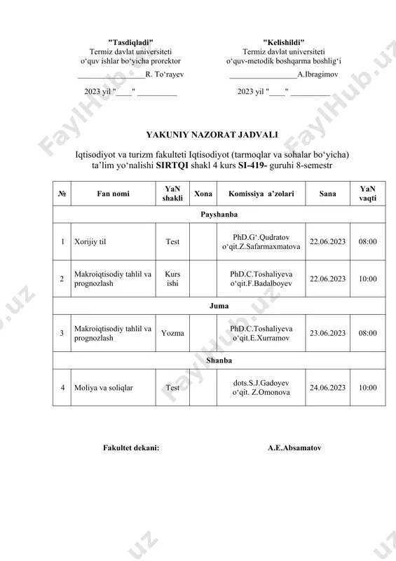va prognozlash yozma phd.c.toshaliyeva o‘qit.t.mamatqulov 23.06.2023 08:00 shanba 4 moliya va soliqlar test dots.s.j.gadoyev o‘qit. sh.muzrapova 24.06.2023 08:00 fakultet dekani: a.e.absamatov "tasdiqladi" "kelishildi" termiz davlat universiteti o‘quv ishlar bo‘yicha prorektor termiz davlat universiteti o‘quv-metodik boshqarma boshlig‘i _________________r. to‘rayev _________________a.ibragimov 2023 yil "____" __________ 2023 yil "____" __________ yakuniy nazorat jadvali iqtisodiyot va turizm fakulteti iqtisodiyot (tarmoqlar va sohalar bo‘yicha) ta’lim yo‘nalishi sirtqi shakl 4 kurs si-819- guruhi 8-semestr № fan nomi yan shakli xona komissiya a’zolari sana yan vaqti payshanba 1 xorijiy til test phd.g‘.qudratov o‘qit.d.mamaraimova 22.06.2023 08:00 2 makroiqtisodiy tahlil va prognozlash kurs ishi phd.c.toshaliyeva o‘qit.e.xurramov 22.06.2023 10:00 juma 3 makroiqtisodiy tahlil va prognozlash yozma phd.c.toshaliyeva o‘qit.t.mamatqulov 23.06.2023 10:00 shanba 4 moliya va soliqlar test dots.s.j.gadoyev o‘qit. sh.muzrapova 24.06.2023 10:00 fakultet dekani: a.e.absamatov "tasdiqladi" "kelishildi" termiz davlat universiteti o‘quv ishlar bo‘yicha prorektor termiz davlat universiteti o‘quv-metodik boshqarma boshlig‘i _________________r. to‘rayev _________________a.ibragimov 2023 yil "____" __________ 2023 yil "____" __________ …