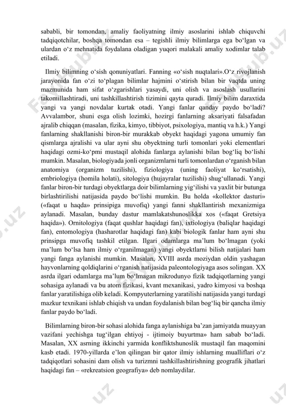 n, kimyodan – berilgan xossalarga ega bo‘lgan alohida sun’iy materiallarni ishlatish zaruriyati tug‘ilganida). innovatsion tadqiqotlar muayyan sohada mavjud bilimlarga tayanib ishlab chiqarish uchun foydali yangi ishlanmani ixtiro qilishni nazarda tutadi yoshlar ilmiy tadqiqot loyihalari bu nisbatan yangi yo‘nalish bo‘lib, unda yosh olimlarning fundamental va amaliy ahamiyatga ega bo‘lgan ilmiy izlanish natijalari o‘z ifodasini topadi. o‘zbekistonda barcha turdagi ilmiy tadqiqot ishlari “fan va texnologiyalarni muvofiqlashtiruvchi davlat qo‘mitasida” nazorat qilinadi. fan va ishlab chiqarish aloqadorligi. fundamental, amaliy tadqiqotlar va tadqiqotchilik ishlanmalari o‘rtasida aniq chegara mavjud emas, ular ko‘pincha bir-biri bilan bog‘lanadi. tadqiqotchilik ishlanmalari turli xil loyiha-konstruktorlik ishlari sohasiga fanni bevosita kiritadi. bu soha fan sohasi bilan qisman kesishadi va qisman uning chegarasidan chetga chiqib, tajriba namunalarini yaratish va sinovdan o‘tkazish, tayyor mahsulot ishlab chiqarish va undan foydalanish texnologiyasini ishlab chiqish va o‘zlashtirish bilan bog‘liq amaliy ishlarni ham o‘z ichiga oladi. o‘z navbatida, mazkur ishlar yakunlovchi bosqichlarda ishlab chiqarish sohasi bilan tutashadi. bunda …