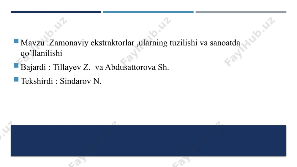 a tayyorlash davomiyligi, kulturani yuklab tushirish va yuklashni hisobga olgan holda, tahminan 30-45 min. ni tashkil qiladi. 1 t quruq kulturadan tarkibida 15% gacha quruq moddalarni va taxminan 0,1% fermentlarni tutgan 2,3-3,5 t ekstrakt olinadi. ekstraksiya jarayonlarining avtomatizatsiyasiga ega, uzluksiz ishlaydigan yuqori unumli apparatlarga shnekli, rotatsion-kamerali va boshqalar kiradi. rasmda etshv-600 tipidagi uzluksiz ishlaydigan vertikal shnekli ekstraktor berilgan. ekstraktorning qattiq faza bo‘yicha unumdorligi 300 kg/s ni tashkil qiladi. ekstraktor yuklash kolonnasi, gorizontal shnek va vertikal ekstraksion kolonnadan iborat. ekstraktor kolonnalarining qopqoqlaridan shnek vallarining chiqish joylarida erituvchi yoki mitsellaning oqib chiqishini oldini oladigan salniklar o‘rnatilgan. boshlang‘ich material yuklanish kolonnasiga yuklatiladi hamda vertikal va gorizontal shneklar bilan ekstraksion kolonnasiga uzatiladi va u erda yuklab tushiriladigan qurilmaga tomon yuqoriga ko’tariladi.ekstragent ekstraksion kolonnaning yuqori qismiga uzatiladi va u bo’ylab pastga harakatlanadi . gorizontal shnek va yuklanish kolonnasidan o’tib ekstragent ekstragirlangan moddalar bilan birga ekstrakdan turli qism orqali chiqariladi ekstraktorlarning afzallik va kamchiliklari cho’ktirish usuli …