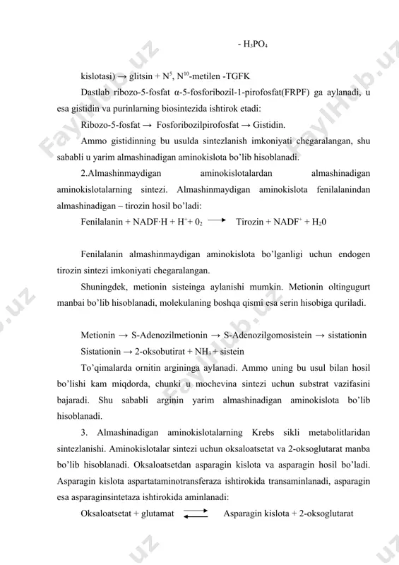 nsirka l-ornitin kislota l-arginin birinchi bosqich buyrak va oshqozon osti bezida faol boradi. ikkinchi bosqichda guanidin-metiltransferaza ishtirokida metillanish amalga oshadi: guanidin sirka kreatin kislota bu bosqich jigar va oshqozon osti bezida, ya’ni kreatin sintezi uchun kerakli fermentlar bo’lgan sharoitda amalga oshadi. bu organlarda sintezlangan kreatin qon orqali boshqa organ va to’qimalar, bosh miya, skelet muskullari, yurakka tashiladi. ammo kreatin almashinuvi bo’yicha ko’pgina tushunmovchiliklar mavjud. jumladan, odam yuragi muskul to’qimalariga kreatin deyarli o’ta olmasa ham uning miqdori ko’p bo’ladi. hujayrada kreatin atf bilan qaytar – perefosforillanish yo’li orqali energiyaning o’tkazilishida ishtirok etadi. kreatinning parchalanish mahsulotlaridan biri kreatinin hisoblanadi va fermentsiz yo’l bilan amalga oshadi: - h2o kreatin kreatinin organizmdagi kreatinning taxminan 2% i kreatininga aylanadi. qon plazmasida kreatin va kreatinin kam miqdorda bo’ladi. kreatin siydik bilan faqat bolalarda ajraladi; kattalarda kreatinin siydik bilan bir sutkada 4,4 – 17,6 mmol/l ajraladi. agar siydik bilan kreatin ajralsa, bu patologik holat ekanligini bildiradi. 4.gistamin, …
