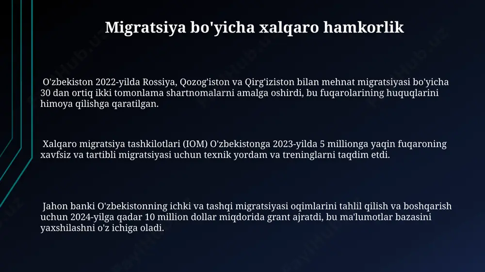 g'iston respublikasidagi dehqonchilik va chorvachilik sohalarida mehnat migratsiyasi tufayli 15% ga yaqin ishchi kuchining yo'qotilishi mahalliy qishloq xo'jaligining rivojlanishiga salbiy ta'sir ko'rsatmoqda. 2000-yillardan buyon rossiya va qozogʻistonga koʻchib ketgan 5 millionga yaqin oʻzbekistonlikning madaniy merosi, an'anaviy hunarmandchiligi va milliy qadriyatlarining saqlanishiga tahdid soladi. migratsiyaning asosiy sabablari tashqi migratsiyaning muhim sabablaridan biri – o'zbekistondagi yuqori ta'lim muassasalarining chet el universitetlari bilan solishtirganda kam imkoniyatlari bo'lib, bu yoshlarni chet elda o'qish va keyinchalik u yerda qolishga undaydi. o'zbekistonning qishloq hududlarida, masalan, qashqadaryo viloyatida, aholining 70% dan ortig'i ishsizlik va kam daromad tufayli ichki va tashqi migratsiyaga majbur bo'lmoqda. 2023-yil ma'lumotlariga ko'ra, rossiya federatsiyasi va qozog'iston kabi qo'shni davlatlarga mehnat migratsiyasi yillik 1 million kishini tashkil etadi, bu esa yoshlar orasida katta miqyosdagi "miya oqimi" ni keltirib chiqarmoqda. o'zbekistondagi tashqi migratsiyaning hozirgi holati janubiy koreya va turkiya kabi davlatlarga yuqori malakali mutaxassislarning migratsiyasi kuchayib bormoqda, bu esa o'zbekistondan malaka kamomadini keltirib chiqarishi mumkin. …