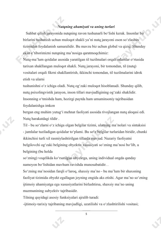 tish; nutqning ekspressivligi uning hissiy to‘yinganligi, til vositalarining boyligi, ularning rang-barangligidir. nutqning ta’sirchanligi - bu nutqning o‘ziga xos xususiyati bo‘lib, u boshqa odamlarning fikrlari, his-tuyg‘ulari va irodasiga, ularning e’tiqodlari va xatti-harakatlariga ta’sir qilishdan iborat. muallif nutqi (lot.tor-yaratuvchi) - muallif bevosita o‘zidan o‘z qahramonlarini tavsiflaydigan, ularning harakatlariga baho beradigan, voqealar, sharoit, manzarani tasvirlaydigan so‘zlar. ba’zan asardagi muallif nutqi hikoya qahramonlari va voqealari bilan bog‘lanmaydi. bunday mualliflik yoki boshqacha aytganda, lirik chekinishlarda muallif o‘z fikrlarini ifodalaydi, his-tuyg‘ulari haqida xabar beradi, hikoyasini aniqlaydi va to‘ldiradi. ba’zan muallif o‘z hikoyasi voqealari va qahramonlaridan uzoqlashib, shaxsiy fikr va his-tuyg’ularini ifodalaydi, ularni joylashtirishga o‘tadi. bunday parchalar muallifning chekinishi deb ataladi va ularda asosiy narsa muallifning his- tuyg‘ularini ifodalaydi. muallifga tegishli bo‘lgan iboralar, ular yordamida qahramonlarning to‘g‘ridan-to‘g‘ri nutqi kiritiladi, bu odatda muallif so‘zlari deyiladi. ularning tarkibida nutq, fikr, his-tuyg‘ular fe’llari ishlatiladi (gapirish, so‘rash, e’tiroz bildirish, tasdiqlash, payqash, hayratlanish, g‘azablanish va boshqalar). to‘g‘ridan-to‘g‘ri nutq - bu muallifning (ma’ruzachi …