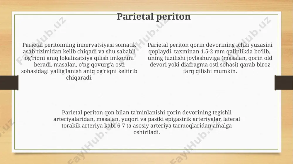 rni qisman qoplaydi va qorin a'zolarini himoya qilishda muhim rol o'ynaydi. peritoneumning parietal qismi qorin boʻshligʻining devorlarini 3 qatlamdan: peritoneumning seroz qavati, subseroz toʻqima va mushak qavatidan tashkil topadi, bu esa organlarning mahkam birikishiga yordam beradi. visseral peritoneum organlarning sirtini qoplaydi va mezenteriya orqali qorin devoriga birikadi, masalan, jigar 2 ta o'ziga xos bog'lam orqali, falsifom va korpus qismlari orqali mahkamlanadi. kichik omentum (epiploon) kichik omentum jigarni, oshqozonning kichik egriligi va o'n ikki barmoqli ichakning birinchi qismini 2-4 sm kengligida bog'laydi, shu bilan qorin bo'shlig'ining oldingi devoriga yopishib turadi. kichik omentumning tarkibiga ikkita varaq - jigar-oshqozon va jigar-o'n ikki barmoqli ichak ligamentlari kiradi va bu tuzilma qorin bo'shlig'ida qon tomirlar va limfa tugunlarini o'z ichiga oladi. kichik omentum, taxminan 5-10 gramm og'irlikdagi yupqa, seroz pardasi, qorin a'zolarini himoya qilish va ularni joyida ushlab turish, shuningdek, qon ta'minotini ta'minlash funktsiyasini bajaradi. peritonning retroperitoneal bo'limi qorin boʻshligʻining retroperitoneal qismi, taxminan 20-25% ni …