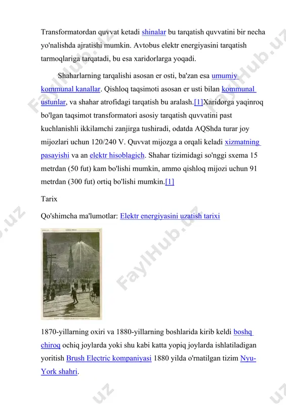 i. bunga generatorlarda oxirgi foydalanishga qadar tizim bo'ylab ishlatilgan past 110 voltli tizim sabab bo'lgan. edison dc tizimiga qalin mis o'tkazgich kabellari kerak edi va ishlab chiqaruvchi zavodlar haddan tashqari katta va qimmat o'tkazgichlardan qochish uchun eng uzoq mijozdan 2,4 km masofada bo'lishi kerak edi. transformatorning kiritilishi elektr energiyasini uzoq masofaga yuqori voltajda uzatish va undan keyin uni yoritish uchun pastroq voltajga etkazish yorug'lik kompaniyalari tomonidan sinovdan o'tgan juda ko'p qoniqarli bo'lmagan echimlar bilan elektr energiyasini taqsimlash uchun taniqli muhandislik to'sig'i bo'ldi. 1880-yillarning o'rtalarida funktsional transformatorlarning rivojlanishi bilan katta yutuq yuz berdi, bu esa o'zgaruvchan tokning kuchlanishini uzatishning ancha yuqori kuchlanishiga "ko'tarilishiga" imkon berdi va undan keyin oxirgi foydalanuvchi voltajiga tushdi. etkazib berish narxi ancha arzon va undan ham kattaroq o'lchov iqtisodiyoti yirik ishlab chiqaruvchi zavodlarning butun shahar va viloyatlarni etkazib berishiga qarab, o'zgaruvchan tokdan foydalanish tez tarqaldi. aqshda to'g'ridan-to'g'ri oqim va o'zgaruvchan tok o'rtasidagi raqobat 1880-yillarning oxirlarida "" shaklida …