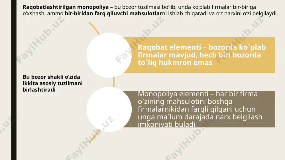 nazorat qiladi (to‘liq narx belgilash erkinligi yo‘q). 📘shirinliklar dunyosi" nomli kichik shirinlik ishlab chiqaruvchi kompaniya raqobatlashgan monopoliya bozorida faoliyat yuritadi. kompaniya o‘z mahsulotini boshqalarnikidan dizayni va ta'mi bilan farqlantiradi. quyidagi ma’lumotlar mavjud:kompaniya o‘zi ishlab chiqargan mahsulotni 1 dona uchun 15 000 so‘mdan sotadi. har bir dona mahsulotni ishlab chiqarish narxi (o‘rtacha xarajat) 12 000 so‘m.kompaniya oyiga 2 000 dona mahsulot sotadi.har bir oyda marketing va reklama xarajatlari 3 000 000 so‘m. 🔎 savollar: kompaniyaning umumiy daromadi qancha? umumiy xarajat qancha? foyda qancha bo‘ladi? agar bozorda yangi raqobatchilar kirib kelib, mahsulot narxi 13 000 so‘mga tushsa, kompaniya foydasi qanday o‘zgaradi? ✅ yechim: umumiy daromad (total revenue): 15000×2000=30000000 so‘m15000×2000=30000000 so‘m2. umumiy xarajat (total cost):ishlab chiqarish xarajati:12000×2000=24000000 so‘m12000×2000=24000000 so‘mmarketing:3000000 so‘m3000000 so‘m jami xarajat:24000000+3000000=27000000 so‘m24000000+3000000=27000000 so‘m3. foyda (profit):30000000−27000000=3000000 so‘m30000000−27000000=3000000 so‘m4. narx pasayganda (13 000 so‘m bo‘lsa): yangi daromad:13000×2000=26000000 so‘m13000×2000=26000000 so‘mxarajat o‘zgarmaydi: 27 000 000 so‘m yangi foyda:26000000−27000000=−1000000 so‘m26000000−27000000=−1000000 so‘m (zarar) raqobatlashgan monopoliya bozori — …