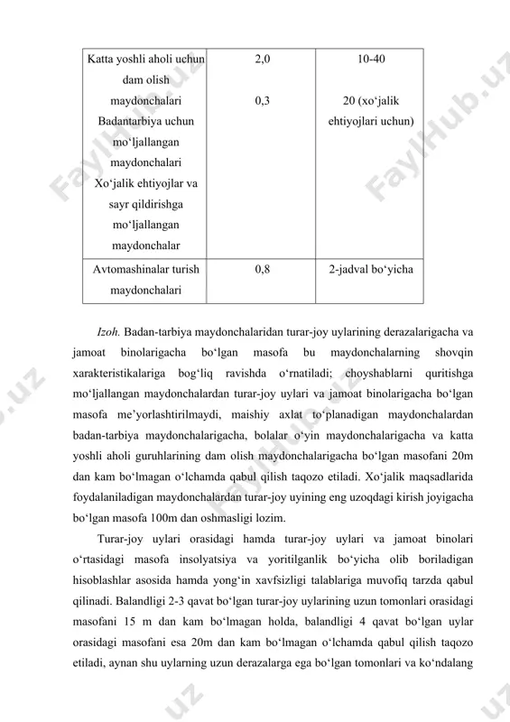 i hisobga olgan holda – har bir xonadonga bitta mashina to‘g‘ri kelishidan kelib chiqqan holda qabul qilish lozim. yengil avtomobillarning yer osti garajlariga tushish va ulardan chiqish joylari yashash xonalarining derazalaridan kamida 15 m uzoqlikda bo‘lishi talab etiladi. yengil avtomobillarni doimiy va vaqtinchalik saqlashga mo‘ljallangan yer usti va yer usti-yer osti garajlaridan, ochiq avtomobil turarjoylaridan turar-joy uylariga bo‘lgan masofalar jadvalda ko‘rsatilgan. jadval масофа аниқланадиган бино енгил автомобилларнинг сонига боғлиқ равишда гаражлардан ва очиқ автомобил турар-жойларидан турар-жой уйларигача бўлган масофа, м 10 ва ундан кам 11-50 51-100 101-300 турар-жой бинолари 10 15 25 35 жумладан ён томонида деразаларга эга бўлмаган турар-жой уйлари 10 10 15 25 turar-joy binolari oldiga avtomashinalarning kirib kelishini ta’minlash uchun avtoyo‘laklarni joylashtirishni ko‘zda tutish taqozo etiladi. turar-joy mavzusi (xonadon) hududiga kiriladigan avtoyo‘laklar hamda binolarning birinchi qavatidan o‘tadigan avtoyo‘laklarning biridan ikkinchisigacha bo‘lgan masofa 300m dan oshmasligi lozim. avtoyo‘laklarning doimiy harakat davom etadigan magistral ko‘chalarga birikishi chorrahadan kamida 50 …