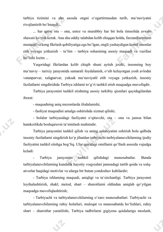 gi tartib qoida va xulq-atvorlar haqidagi motivlar va ularga bir butun yondoshuv kabilardir; - tarbiya ishlarning maqsadi, aniqligi va ta‘sirchanligi. tarbiya jarayonni loyihalashtirish, shakl, metod, shart – sharoitlarni oldindan aniqlab qo‘yilgan maqsadga muvofiqlashtirish; - tarbiyachi va tarbiyalanuvchilarning o‘zaro munosabatlari. tarbiyachi va tarbiyalanuvchilarning ruhiy holatlari, muloqat va munosabatda bo‘lishlari, ruhiy shart – sharoitlar yaratilishi, tarbiya tadbirlarni gigiyena qoidalariga moslash, estetik talablarga javob berishi, tarbiya ishlarni muvaffaqiyatli tashkil etish funksiyalaridan biridir. - o‘quvchi – yoshlarning faolligi va mustaqil ijodiy faoliyatini tashkil etish. tarbiya tadbirlarni tashkil qilishda o‘quvchi yoshlarning faolligi ko‘p jihatdan ixtiyoriylik, tashkilotchilik va ijodkorligiga bog‘liq; - tarbiya ishlar ta‘lim jarayonida olgan bilimlariga uyg‘un bo‘lishi. tarbiya ishlarni rejalashtirishda turli fanlarning integrasiyasi hisobga olish ijobiy xarakter kasb etadi. tarbiya ishlar metodikasi yosh avlodni har tamonlama barkamol avlod qilib tarbiyalash, ular ongiga milliy g‘oyani singdirishda har tamonlama ta‘sir ko‘rsatadi. o‘zbekiston respublikasi konstitutsiyasida har bir fuqoroning ilm olishi, o‘z qobiliyatlarini har tamonlama rivojlantirish ta‘kidlanadi. ta‘lim …