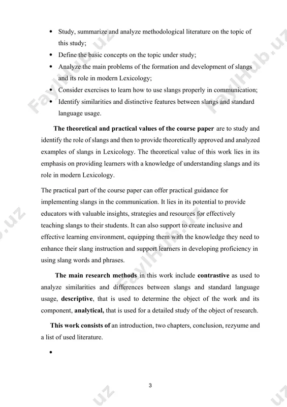 developing proficiency in using slang words and phrases. the main research methods in this work include contrastive as used to analyze similarities and differences between slangs and standard language usage, descriptive, that is used to determine the object of the work and its component, analytical, that is used for a detailed study of the object of research. this work consists of an introduction, two chapters, conclusion, rezyume and a list of used literature. · chapter i. the characteristic aspects of the formation and development of slangs in modern lexicology 1.1 overview of the slangs and its role in modern lexicology the term “slang” reveals the evolution of the language. even though it is expanded everywhere yet, there is no prominent tool for recognizing it. dumas and lighter say that no one can describe slang although they can understand it and that statement is an undeniable fact on slang.[footnoteref:3] in the …