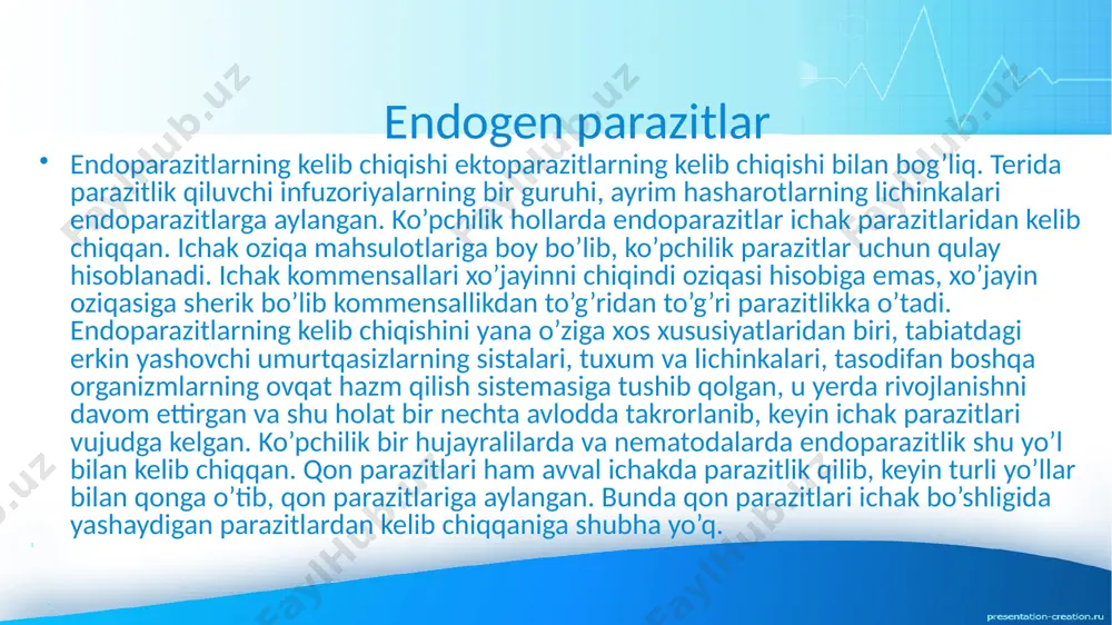 elishi mumkin. afsuski davolash foyda bermaydi. shistosomalar bu «qon so‘ruvchilar» yassi chuvalchangsimonlar guruhga kirib, organizmga zararlangan suv bilan kontakt bo‘lganda kirishi mumkin. inson ichida qon tomirlar va venalarda hayot kechiradi. afrika va osiyoda keng tarqalib, chuchuk suvli chig‘anoqlar tashuvchilar rolini o‘ynaydi. nematodlar ular inson va boshqa sut emizuvchilarning ichaklarida yashab, isitma, yo‘tal, ko‘krakdagi og‘riqlar, xirillash bilan namoyon bo‘ladi. bu kasallikka oshqozon-ichak yo‘llari faoliyatini buzilishi xos bo‘lib, davriy sog‘ayish bosqichlari ham kuzatiladi. lyambliylar filtrlanmagan suv va yuvilmagan mevalar lyambliylarning ko‘p tarqalishiga sabab bo‘ladi. ichaklarga joylashib olib, turli kasalliklarni chaqirish mumkin. organizmda lyambliylar borligi belgilari: suvsizlanish, qorinda og‘riq, vazn tashlash, qorin dam bo‘lishi. soliter ham inson ham hayvonlarni zararlanishi kuzatiladi. uy hayvonlari o‘tlatilayotgan yaylovlarda yoki zararlangan suvni ichganda yuqtirib olishi mumkin. odam organizmiga go‘sht mahsulotlarini noto‘g‘ri tayyorlash natijasida tushishi mumkin.mushaklarda yashaydi. infeksiya vaqtida aniqlansa, oson davolanadi. charchash, bo‘shashish, qorindagi og‘riqlar kabi belgilar bilan kechishi mumkin. gigiyena talablariga rioya qilish parazitlarni yuqishini oldini …