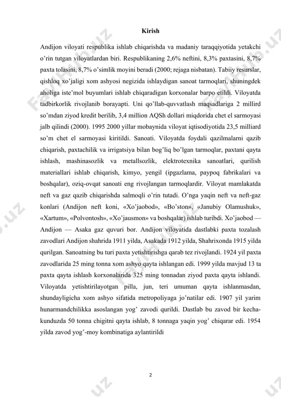 ha xom ashyo sifatida metropoliyaga jo’natilar edi. 1907 yil yarim hunarmandchilikka asoslangan yog’ zavodi qurildi. dastlab bu zavod bir kecha-kunduzda 50 tonna chigitni qayta ishlab, 8 tonnaga yaqin yog’ chiqarar edi. 1954 yilda zavod yog’-moy kombinatiga aylantirildi kurs ishining maqsadlari: 1. jalaquduq tumaninig rivojlanishi, uning iqtisodiy imkoniyatlari va madaniy taraqqiyotini o’rganish va taxlil qilish. kurs ishining ob'ekti:. mustaqillik yillarida jalaquduq tumaninig iqtisodiy va siyosiy jarayonlarda o’zgarishi . bozor iqtisodiyotiga o’tish davrida jalaquduq tumaninig xo’jaligi. kurs ishining mavzusi: mustaqillik yillarida jalaquduq tumani xo’jaligi va sanoati. kurs ish usullari: adabiy manbalarni tahlil qilish, tahlil va umumlashtirish nazariy tushunchalar tadqiqot masalasi bo'yicha. kurs ishining tuzilishi va hajmi: kirish, asosiy qism , xulosa va foydalanilgan manbalar va ilovalar ro'yxatidan iborat. аndijon respublikaning sharqiy nuqtasida dexqonchilik rivojlangan va shaxarsozlik madaniyatining oʼziga xos «fargʼona vodiysi ilk sivilizatsiyasi» makonlari zanjirida joylashgan. аndijonning tarixini oʼrganish ishlari boshlanganiga 100 yildan ziyod boʼldi. turli davrlarda а.k.pisarchik, v.i.kozenkova, b.аbdulgʼozieva, s.jalilov, dadaboevlar …