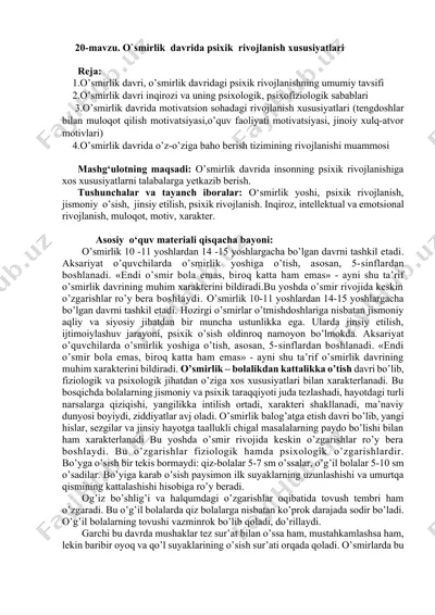 o'smirlik davrida psixik rivojlanish xususiyatlari — DOCX
