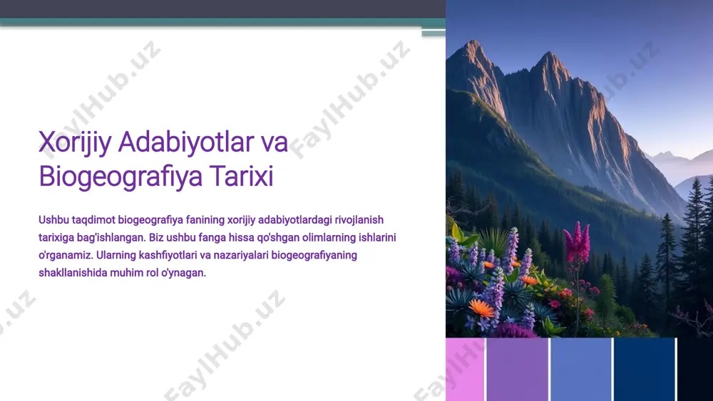 va wallacening nazariyalari biogeografiyani evolyutsion fan sifatida shakllantirdi. turlar va iqlim o'rtasidagi bog'liqlikni o'rganish muhim ahamiyatga ega. 7 plitka tektonikasi va biogeografiya 1 alfred wegener alfred wegener va kontinental drift nazariyasi biogeografiyaga yangi nuqtai nazar berdi. 2 plitalar harakati plitalarning harakati turlarning tarqalishiga ta'sir ko'rsatdi. 3 gondvana va lauraziya gondvana va lauraziya hududlarining ajralishi biogeografik provinsiyalarni shakllantirdi. 8 20-asrda biogeografiyaning ilmiy taraqqiyoti macarthur va wilson robert h. macarthur va edward o. wilsonning "orollar biogeografiyasi nazariyasi" muhim ahamiyatga ega. ekosistemalar ekosistemalar va landshaft ekologiyasi bo'yicha yangi yondashuvlar paydo bo'ldi. genetik ma'lumotlar genetik ma'lumotlarning foydalanilishi bilan rivojlanish kuzatildi. 9 biogeografiyaning zamonaviy yo'nalishlari genetik usullar biogeografiyada genetik va molekulyar usullarning o'rni ortib bormoqda. global o'zgarishlar global o'zgarishlar o'simlik va hayvonlarning moslashuvchanligiga ta'sir qiladi. landshaft ekologiyasi landshaft ekologiyasi va madaniy biogeografiya yo'nalishlari rivojlanmoqda. 10 xulosa va biogeografiyaning kelajagi ∞ fan sifatida biogeografiyaning fan sifatida ahamiyati va kashfiyotlari beqiyos. 100+ olimlarning ishlari olimlarning ishlari asosida …