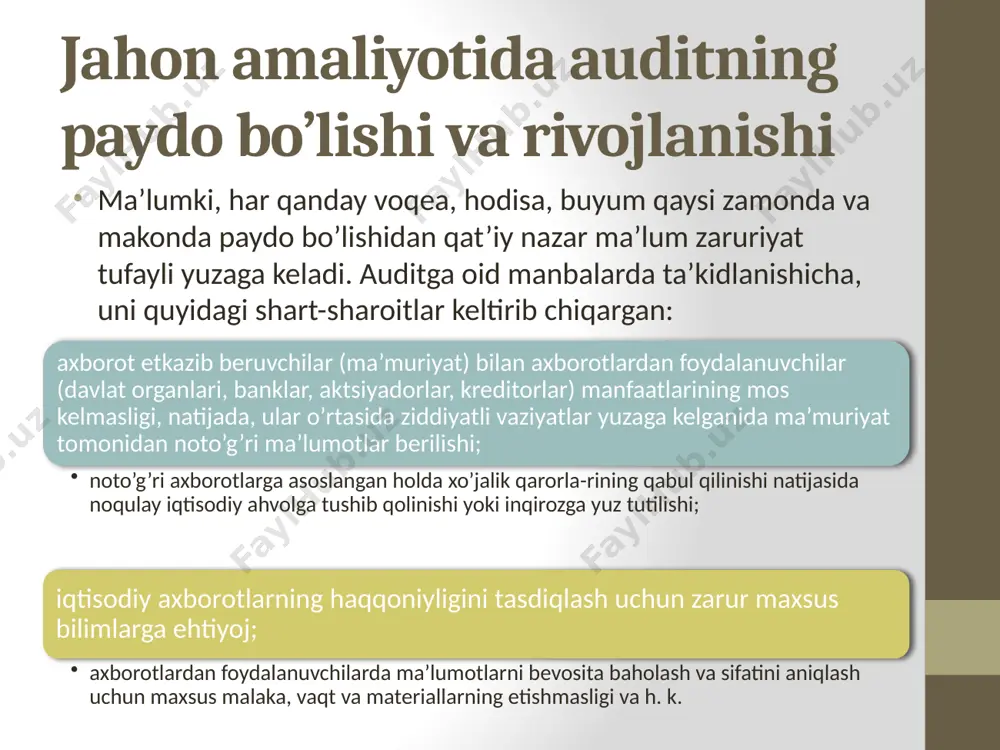 da tutilgan boshqa professional xizmatlar o’rganish shuni ko’rsatmoqdaki, ayrim kobuxgalterlik amaliyotini rxonalarda buxgalterlar malakasi etishmasligi oqibatida dastlabki hujjatlarga ishlov berish, guruhlash va buxgalteriya hisobi schyotlarida to’g’ri (yoki butunlay) aks ettirmasdan (asosan pul va hisob-kitob muomalalari), ularni devonxona papkalarida saqlab qo’yish bilan cheklaniladi. na-tijada, hisobotlarni tuzishda ko’plab chalkashliklar, noaniq-liklar, joriy hisob ma’lumotlari va hisobot ko’rsatkichla-ridagi nomuvofiqliklar yuzaga keladi. agar buxgalterlik hisobini tashkil etish va yuritishga talab darajasida e’tibor qilinganida, bunday chalkashliklar paydo bo’lmas edi. auditorlik tekshiruvlari ishlab chiqarishni rejalashtirish va tashkil etish, korxonadagi tartib, mehnat va texnologik intizomni, tovar-moddiy zahiralarning omborlar va boshqa saqlash joylaridagi hisobi, mulklarning saqlanishi, hisob-kitoblar holati va korxona moliya-xo’jalik faoliyati hamda uning natijalariga sezilarli ta’sir ko’rsatadigan boshqa ko’plab holatlarni qamrab oladi. shuning uchun auditorlik hisobotida korxona moliya-xo’jalik faoliyati va uning natijalariga bevosita ta’sir-ko’rsatadigan, hamda hisob ma’lumotlari va hisobot ko’rsatkichlari ishonchliligini pasaytirishiga olib keladigan, mehnatni va ishlab chiqarishni tashkil etishdagi katta kamchiliklarni bartaraf etishga qaratilgan tavsiyalar berilishi lozim. …