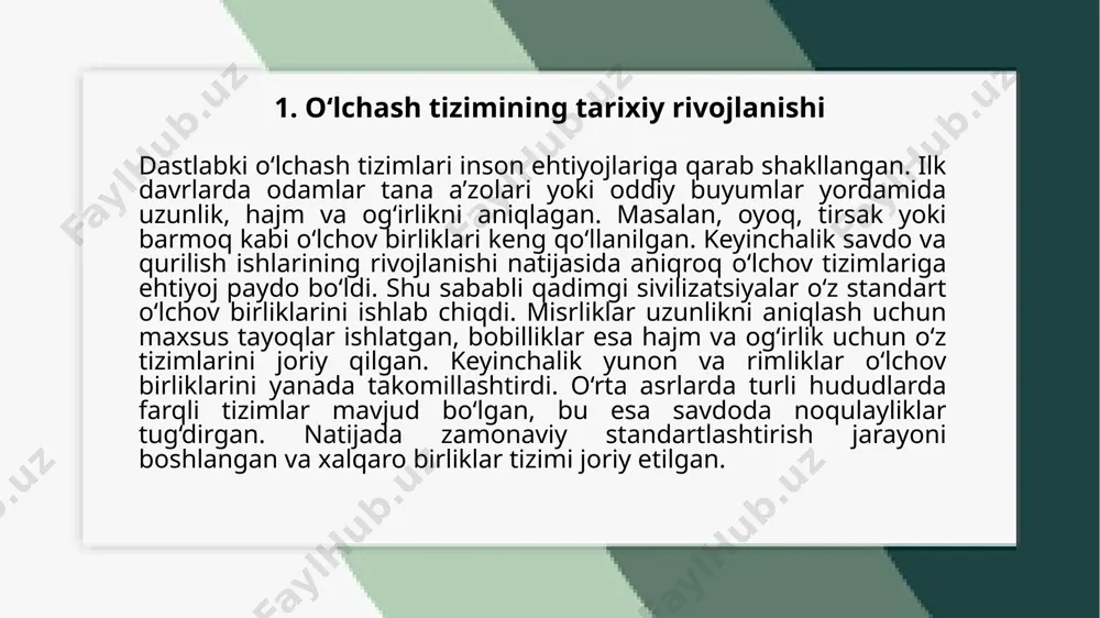rliklarini bir-biriga aylantirish zarurati tug‘ilmoqda. 3. ilm-fan va texnologiyaning ta’siri ilm-fan va texnologiyaning rivojlanishi o‘lchash tizimining takomillashishiga katta ta’sir ko‘rsatgan. dastlabki o‘lchov birliklari asosan kundalik ehtiyojlar uchun ishlatilgan bo‘lsa, ilmiy tadqiqotlar va texnologik taraqqiyot aniqroq va universal tizimlarga ehtiyoj tug‘dirgan. astronomiya, fizika, kimyo va muhandislik kabi sohalar rivojlanishi bilan o‘lchovlarning aniqligi va barqarorligi muhim ahamiyat kasb eta boshlagan. shu sababli, olimlar xalqaro standartlarga asoslangan yagona tizim yaratishga harakat qilgan. zamonaviy metrik tizim ilm-fan va sanoat ehtiyojlarini qondirish uchun ishlab chiqilgan bo‘lib, u butun dunyoda keng tarqaldi. texnologiyaning rivojlanishi natijasida o‘lchash anjomlari yanada takomillashib, yuqori aniqlikka ega bo‘lgan elektron qurilmalar va raqamli o‘lchov tizimlari paydo bo‘ldi. bugungi kunda ilm-fan va texnologiya o‘lchash tizimini doimiy ravishda rivojlantirib, yangi standartlar va metodlarni ishlab chiqishda davom etmoqda. ilm-fan va texnologiyaning taraqqiyoti o‘lchash tizimining takomillashishiga bevosita ta’sir qilgan. ilk davrlarda o‘lchov birliklari kundalik hayot ehtiyojlariga asoslangan bo‘lsa, ilmiy izlanishlar va texnologik yutuqlar natijasida aniq va …
