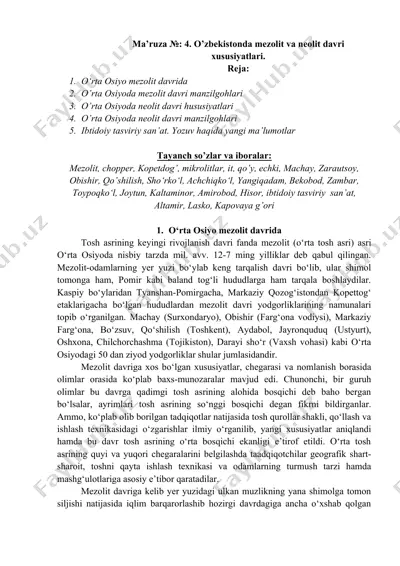 o‘rta osiyo mezolit va neolit davri xususiyatlari — DOCX