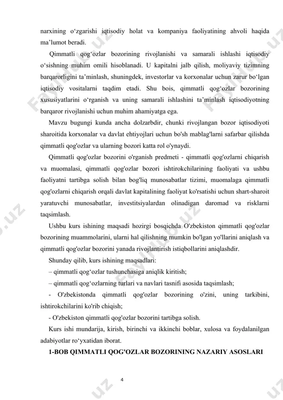 archas bog'liq bo'lib, bu pul resurslarini qo'llash sohasi samaradorligini va umuman iqtisodiyot darajasini baholashga imkon beradi. moliyaviy holat moliya bozori samaradorligining asosiy ko'rsatkichidir. muayyan darajada (makro, mikro) moliyaviy holat ma'lum ko'rsatkichlar to'plamidan foydalangan holda baholanadi. makrodarajada quyidagi ko'rsatkichlar qo'llaniladi: davlat daromadlari va xarajatlari; davlat qarzi; inflyatsiya darajasi; foiz stavkasi darajasi; aksiyalar narxi va boshqalar. qimmatli qog'ozlar bozori - barcha turdagi qimmatli qog'ozlar bilan fuqarolik-huquqiy bitimlar amalga oshiriladigan moliyaviy bozor segmenti; bu uning ishtirokchilari o'rtasida qimmatli qog'ozlarni chiqarish va muomalasiga oid iqtisodiy munosabatlar to'plami. o'zbekiston qimmatli qog'ozlar bozori pul bozorini (qisqa muddatli qimmatli qog'ozlar (1 yilgacha) sotiladigan bozor) va kapital bozorini (muddati qimmatli qog'ozlar yoki muddati 1 yildan ortiq muddatga sotiladigan) o'z ichiga oladi.[footnoteref:1] [1: ] qimmatli qog'ozlar bozorining roli uning iqtisodiyot, aholi va davlat uchun faoliyat ko'rsatish natijalarida namoyon bo'ladi. qimmatli qog'ozlar bozorining asosiy roli uning mamlakatning ijtimoiy-iqtisodiy rivojlanishiga ta'sirida namoyon bo'ladi: korxonalarni rivojlantirish maqsadida erkin muomalada bo'lgan mablag'larni investitsiyalar …