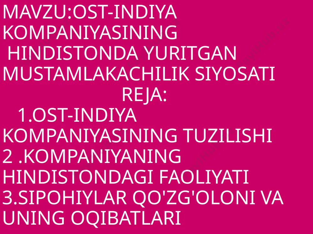 mustahkamlangan faktoriyalari bor edi. bulardan tashqari daniyalik, shvetsiyalik va avstriyalik mustamlakachilar ham hindistonda o’z faoliyatlarini olib borganlar. yevropa davlatlarining mustamlakachilk siyosati ular tomonidan tashkil etilgan ost-indiya kompaniyalari orqali olib borilgan. gollandiya ost-indiya kompaniyasidan keyin xvii asr boshida ingliz, xvii asrning 2-yarmida frantsuz ost-indiya kompaniyalari tashkil etildi, bu kompaniyalar o’z mamlakatlarida sharq savdosida monopol huquqqa ega edilar. ular hindistonda savdo faktoriyalari barpo etib, bu yerda sotib olingan hind tovarlarini yevropada monopol yuqori baholarda sotardilar. xviii asr o’rtalarida yevropalik mustamlakachilarning hindistondagi faoliyati yangi xususiyatlarga ega bo’ldi. dastlab frantsuzlar, keyinchalik inglizlar hindistondagi ichki kurashdan o’zlarining mustamlakachilik agressiyasi manfaatlari uchun foydalana boshladila ingliz desant qo’shinlari ko’mondoni robert klayv bu yutuqni mustahkamlashga intildi. u siroj-ud-davla bilan dushman bo’lgan feodallar guruhi bilan til biriktirdi. bu guruhga kirgan navob qo’shinlari qo’mondoni mir jafar bilan rasmiy shartnoma tuzildi, unga ko’ra jafar inglizlar hujumi boshlanganda ularga yordam berishni va’da berdi, inglizlar esa jafarga bengaliya navobi bo’lishiga yordam berishlarini va’da …