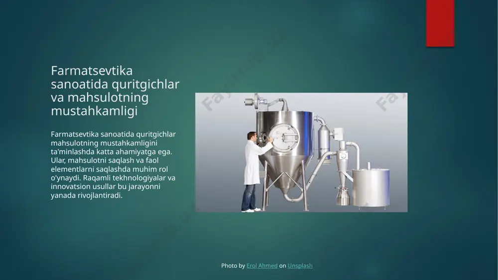ta e'tibor ko'paytiradi. o'quvchilarga ta'sir tadqiqotlar va innovatsiyalar haqida o'qitish, farmatsevtika sohasidagi yangiliklarni o'rganishga o'quvchilar uchun yaratilgan motivatsion muhitni rivojlantirishga yordam beradi va sohani yanada rivojlantirishda muhim ahamiyatga ega. quritgich texnologiyalari: oʻzbekiston xalqaro farmatsevtika bozorida o'zgarishlar quritgich texnologiyalari farmatsevtika sanoatida katta o'rin egallaydi. oʻzbekiston xalqaro farmatsevtika bozorida, quritgichlarning xususiyatlari va ularning foydali qo'llanishini o'rganish muhimdir. photo by matthew brodeur on unsplash xulosa asosiy ta'limotlar farmatsevtika sanoatida maxsus quritgichlarning asosiy funksiyalari o'z vaqtida mahsulotning mustahkamligini ta'minlashda katta ahamiyatga ega. innovatsion yondashmalar mahsulotning samaradorligini oshirishning innovatsion yondashmalari farmatsevtika sanoatida yangi rivojlanish yo'llarini ochadi va daromadni oshiradi. xulosa va tavsiyalar farmatsevtika mahsulotlari uchun barqarorlik va samaradorlik texnologiyalari o'zida o'zaro almashishni oshirish usullari ustida ko'p muhim tadqiqotlar va innovatsiyalar amalga oshirilmoqda. e'tiboringiz uchun rahmat! image6.png image7.jpg image8.jpg image9.jpg image10.png image11.jpg image12.png image2.png image3.png image4.png image5.png /docprops/thumbnail.jpeg