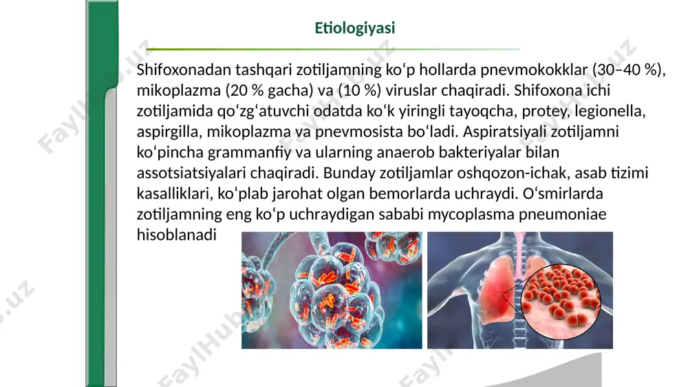 u nuqtai nazardan yaqin muloqotda bo‘luvchi jamoalarda paydo bo‘luvchi zotiljamlar ajratiladi, ularning o‘ziga xosligi quyidagilardan iborat: odatda muqaddam sog‘lom bo‘lgan odamlarda hech qanday kasallik yo‘q manzarada paydo bo‘ladi; kasallik qish faslida ko‘p tarqalgan, «a gripp» virusi infeksiyasi soni, respiratorli viruslar infeksiyalari, muayyan epidemiologik holatlar (virusli epidemiyalar, mikoplazmali infeksiyalar, q-isitmalashni qo‘zishi va boshqalar) ko‘pligi bilan izohlanadi; hayvonlar, qushlar bilan muloqot (ornitoz, psittakoz), konditsionerlar bilan aloqada bo‘lish (legionellezli zotiljam) xavf omillari hisoblanadi; pnevmokokk, mikoplazma, legionella, xlamidiyalar, turli viruslar, gemofil tayoqchasi asosiy qo‘zg‘atuvchilar guruhiga kiradi. shifoxona ichi zotiljamlariga quyidagi xususiyatlar xos:  shifoxonaga yotqizilganda o‘pka zararlanishining klinik-rentgenologik belgilari bo‘lmagan holda shifoxonada ikki yoki undan ortiq kun yotgandan so‘ng paydo bo‘ladi;  nozokomial (shifoxona) infeksiyalarining shakllaridan biri bo‘lib, siydik yo‘llari va jarohatlardagi infeksiyalardan so‘ng uchinchi o‘rinni egallaydi;  shifoxona zotiljamlaridan o‘lim 20 % ni tashkil etadi – bemorlarning intensiv davolash xonalari, reanimatsiya bo‘limlarida yotishlari, o‘pkaning sun’iy ventilyatsiyada bo‘lishi, traxeostomiya, bronxoskopiya tekshiruvlari, operatsiyadan keyingi davr …