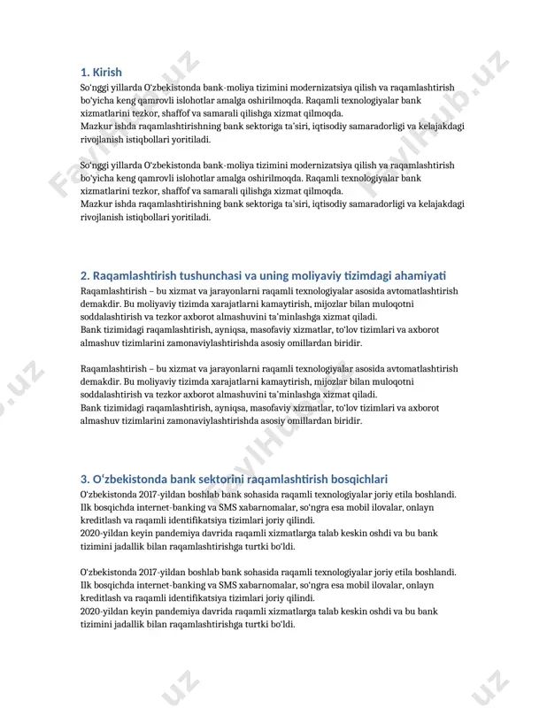 i qulayliklarni taqdim etadi. 5. raqamli bank xizmatlarining iqtisodiy samaradorligi raqamlashtirish natijasida banklar uchun quyidagilar ta’minlandi: - operatsion xarajatlarning kamayishi - xodimlar mehnat unumdorligining oshishi - mijozlar bazasining kengayishi - naqd pul muomalasining qisqarishi ushbu omillar umumiy iqtisodiy samaradorlikka ijobiy ta’sir ko‘rsatmoqda. raqamlashtirish natijasida banklar uchun quyidagilar ta’minlandi: - operatsion xarajatlarning kamayishi - xodimlar mehnat unumdorligining oshishi - mijozlar bazasining kengayishi - naqd pul muomalasining qisqarishi ushbu omillar umumiy iqtisodiy samaradorlikka ijobiy ta’sir ko‘rsatmoqda. 6. banklar tomonidan joriy etilgan innovatsion texnologiyalar o‘zbekiston banklari quyidagi innovatsiyalarni joriy etmoqda: - biometrik identifikatsiya (barmoq izi, yuzni aniqlash) - sun’iy intellektga asoslangan maslahat xizmatlari - chatbotlar va virtual yordamchilar - blokcheyn asosidagi tranzaksiyalar o‘zbekiston banklari quyidagi innovatsiyalarni joriy etmoqda: - biometrik identifikatsiya (barmoq izi, yuzni aniqlash) - sun’iy intellektga asoslangan maslahat xizmatlari - chatbotlar va virtual yordamchilar - blokcheyn asosidagi tranzaksiyalar 7. mijozlar uchun qulayliklar va xavfsizlik masalalari raqamli xizmatlar foydalanuvchilar uchun 24/7 rejimda …