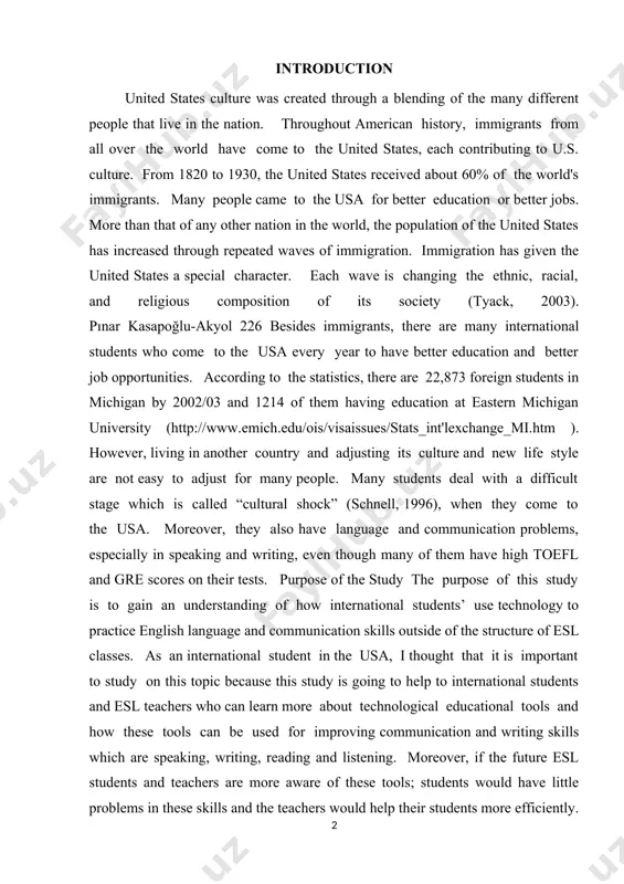 r country and adjusting its culture and new life style are not easy to adjust for many people. many students deal with a difficult stage which is called “cultural shock” (schnell, 1996), when they come to the usa. moreover, they also have language and communication problems, especially in speaking and writing, even though many of them have high toefl and gre scores on their tests. purpose of the study the purpose of this study is to gain an understanding of how international students’ use technology to practice english language and communication skills outside of the structure of esl classes. as an international student in the usa, i thought that it is important to study on this topic because this study is going to help to international students and esl teachers who can learn more about technological educational tools and how these tools can be used for improving communication and writing …