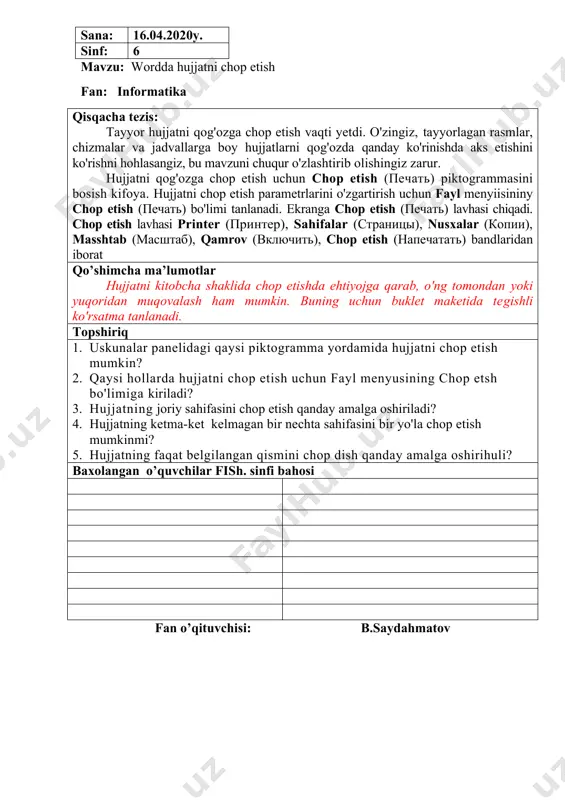 o'lgan elektron pochta jadallik bilan oddiy pochta o'rnini egallab bormoqda. chunki elektron pochta orqali yuborilgan xabar dunyoning istagan yeriga sanoqli daqiqalarda yetib boradi. elektron pochta matn, turli chizmalar bilan bir qatorda tovushli va video xabarlar yuborish imkonini ham beradi. elektron pochta foydalanuvchilari o'z elektron cdreslariga ega bo'lib, uni web-sahifa adresidan oson ajratish mumkin: @ . elektron pochta adresida albatta "@" ("tijoratdagi et" yoki boshqacha nomi "kuchukcha") belgisi qatnashadi. masalan, rtm@uzsci.net. internet tizimida maxsus web-saytlar orqali ham elektron pochta qutisiga ega bo'lish mumkin. mail.ru, rambler.ru kabi bir qancha web-saytlar shular jumlasiga kiradi. qo’shimcha ma’lumotlar · internetga ulangan o'z shaxsiy kompyuteringiz bo'lishi shart emas. · elektron pochtangizdan dunyoning ixtiyoriy chekkasida foydala-nishingiz mumkin nazorat savollari 1. elektron pochtaning oddiy pochtadan asosiy afzalligi nimada? 2. uyingizdagi pochta qutisi bilan elektron pochta qutisining qanday farqi bor? 3. elektron pochtaning oddiy pochta bajara olmaydigan qanday imkoniyatlarini bilasiz? baxolangan o’quvchilar fish. sinfi bahosi fan o’qituvchisi: b.saydahmatov sana: …