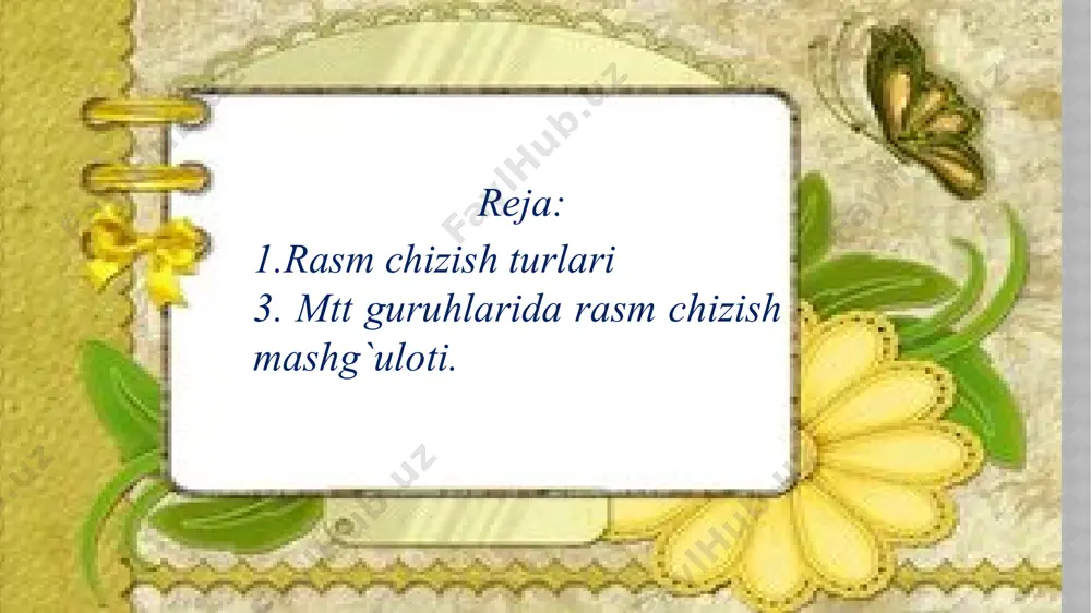 a chizish osonroq. tasvirlashning bu usuli bolaning ishini osonlashtiradi. oldin bitta bo'lagini tanlab, naturadagi keyingi bo'lagini eslab yoki ko'rib, shu bo'lagini bo'laklarga bo'lib, rasm chizishni davom ettiradi mazmunli rasm chizish. mazmunli rasm chizishning asosiy maqsadi bolaning atrof-muhitdan olgan taassurotlarini ifodalashga o'rgatishdir. mazmunli rasm - bu bir necha mazmunning ma'lum rangda tasvirlanishi. bolalar qaysi mazmun bo'yicha rasm chizadilar? bolalar kichik hikoya, ertak asosida va bolalarni o'rab turgan tevarak-atrofni, tabiatni chizishga harakat qiladilar. masalan, «biz shanbalikda» va «kech kuz» rasmlari bunga misol bo'la oladi. bolalar bilan olib boriladigan bunday mashg'ulotlar ularning har tomonlama kamol topishiga yordam beradi. bunda bolalarning aqliy qobiliyati rivojlanadi. bu jarayon asta-sekinlik bilan ro'y beradi, shuning uchun mazmunli rasm chizish o'rta guruhdan boshlab kiritilgan. bunda ham yonma-yon turgan 2-3 ta predmetning tasviri o'rgatiladi. mazmunli tasvirda predmetlarning bir-biridan ajratish uchun uning o'lchamini, fazodagi o'rinlariga qarab, predmetlarning katta yoki kichikligini o'rgatish kerak. maktabgacha yoshdagi bola uchun predmetlar orasidagi fazoviy munosabatlarni farqlay …