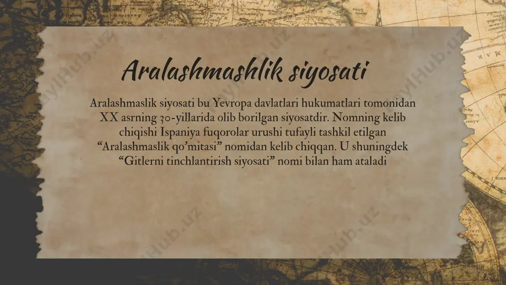 k britaniyani yo’q qilish. ularning mustamlakalariga ega chiqish. volgagacha bo’lgan hududlarni ham bosib olish butun tinch okeanini qamrab olgan imperiyani yaratish. sssrdan uzoq sharqni tortib olish xitoy va janubiy-sharqiy osiyoni bosib olish 1 2 3 chexoslovakiyadagi holat nemis fashistik qo'shinlari chexoslovakiya chegaralariga harbiy kuchlarini jamlashni boshladi. bu esa “sudet inqirozi” deb nom olgan germaniya bilan chexoslovakiya o'zining mojaroning kelib chiqishiga va uning keskin tus olishiga sabab bo'ldi. chexoslovakiyaga nisbatan agressiya xavfi kuchaydi. angliya-fransiya-aqsh hukmron sinflari va ularning diplomatiyasi gitlerchilarga yana yon berdilar va ularning agressiv talablarini qondirishga harakat qildilar. chexoslovakiya prizidenti ham mamlakat hududlarini topshirishga tayyor ekanini elon qildi amerika imperialistlari chexoslovakiyani emas, aksincha gitler germaniyasini himoya qildilar. u chexoslovakiya hukumatidan sudetni germaniyaga topshirishni, avval imzolangan sovet–chexoslovakiya o'zaro yordam shartnomasini bekor qilishni talab qildi. chunki bu payt sssr 30 ta piyoda dviziyani g‘arbiy chegaralarga keltirgan edi. fransiya hukmron doiralari 1938-yil fevralidayoq, chexoslovakiya bilan 1935-yilda tuzilgan shartnoma o‘z kuchini yo‘qotdi, deyishgacha …