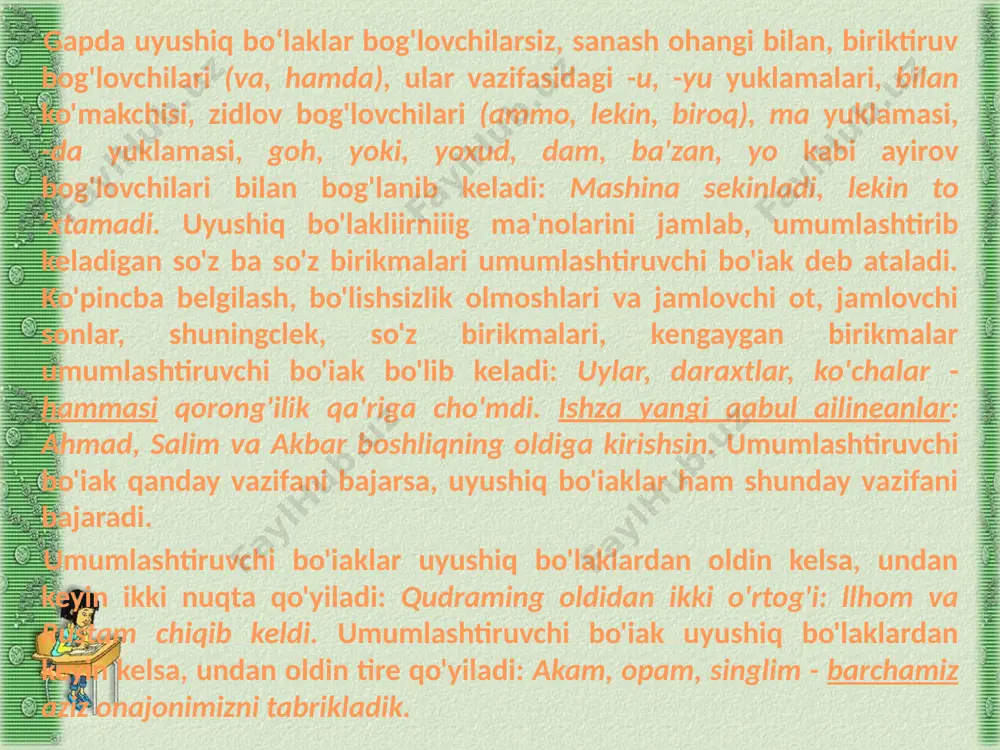 i bog'chada tarbiyalanadilar. foydalanilgan adabiyotlar a.g’ulomov, m.asqarova hozirgi o’zbek adabiy tili. madrim hamroyev ona tili qo’llanma a.nurmonov, n.mahmudov a.sobirov, sh.yusupova hozirgi o’zbek adabiy tili 8 sinf ona tili darslik image1.jpeg