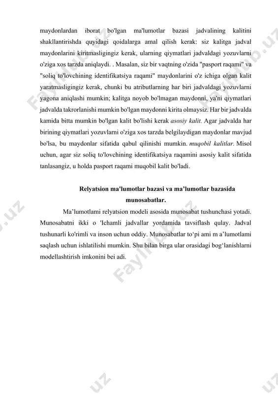 ter xotirasida yozuvlarning o'mini aniqlashda rna’lumot elementi ishlatiladi. bu element kalit deb ataladi. agar kalit obyektni bir qiymatli identifikatsiyalasa, u birlamchi kalit deyiladi. aks holda tashqi kalit deyiladi. agar obyektlarni identifikatsiyalash uchun bir nechta atributlar talab etilsa, bunday kalit tugallangan kalit deb ataladi. agar a va в guruhdagi obyektlar beriigan bo'lsa, uiar orasidagi quyidagi mosliklar yoki munosabatlarni o'rnatish mumkin: 1. birga - bir (1: l)munosabat. a va в obyektlar to’plami orasida 1:1 munosabat o'rnatilgan deyiladi, agarda a obyektning bir nusxasiga в obyektning bitta nusxasi mos kelsa, va aksincha, в obyektning bir nusxasiga a obyektning bitta nusxasi mos kelsa. 2. birga - ko‘p (1 :n) munosabat. a va в obyektlar to'plamida a obyektning bir nusxasiga в obyektning bir nechta nusxasi mos kelsa, shu bilan birga в obyektning bir nusxasiga a obyektning bir nechta nusxasi mos kelsa shunday munosabat hosil boiadi. 3. ko'pga - bir (n.i) munosabat a va в obyektlar to‘plami …