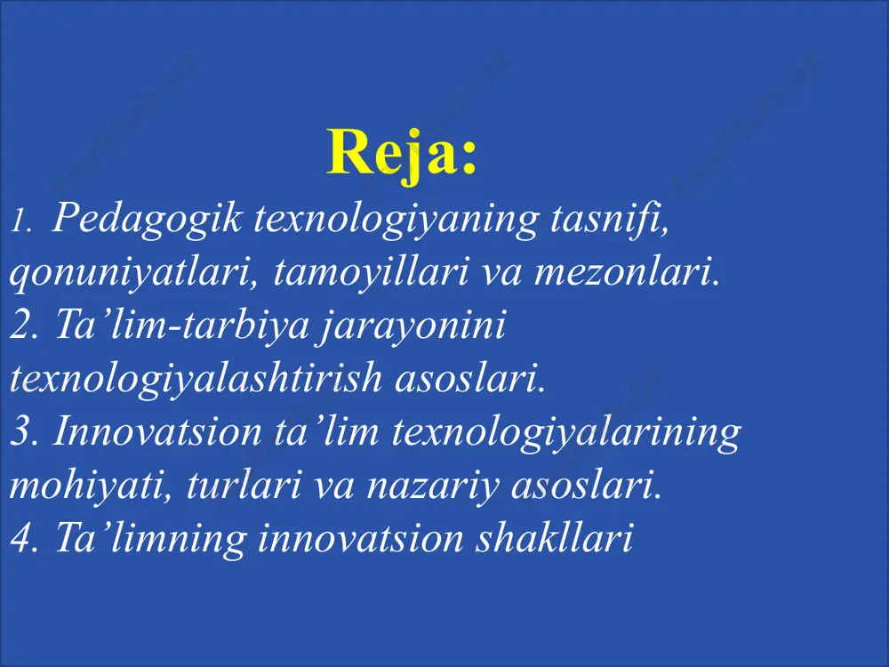 gacha etnografiyada saqlanib qolgan. pedagogik innovatikalarni hayotga tadbiq etishning tashkiliy asoslari to’pla tanla qo’lla innovatsion texnologiyalarning barcha jarayonlarini quyidagilarga ajratish mumkin: yangi g’oyalar izlash bosqichi yangiliklar yuzaga keltirish bosqichi yangiliklar kiritishni amalga oshirish yangiliklarni mustahkamlash yangiliklarni tadbiq etishni tashxis qilish yo’llarini tahlil etish quyidagi asosiy vazifalarni belgilashga imkon beradi: ko’zlangan yangilikni kiritishdan maqsad umumiy va uning alohida bosqichlari muvaffoqiyatlarini tahlil qilish yangilikning o’zidagi va uni tatbiq etishni tashkil etishdagi kamchiliklarni aniqlash, ularni bartaraf qilish yangilikni boshqalar bilan taqqoslash, ulardan eng samaradorini tanlab olish, uning muhimligi va tayyor bo’lganligini aniqlash yangilikni tatbiq etish foydaliligi darajasini tekshirish yangilik tatbiq etiladigan tashkilot innovatsion qudratiga baho berish boshlang’ich ta’lim o’qituvchisining innovatsion faoliyati quyidagilar bilan belgilanadi yangilikni qo’llashga tayyorgarligi novatorlik darajasi kommunikativ qobiliyatning rivojlanganligi pedagogik yangiliklarni qabul qilishi ijodkorligi texnologiya-yunoncha “techne” mahorat, san’at; “logos” tushuncha, ta’limot, musyyan jarayonlarning mahorat, san’at darajasida tashkil etilishi ta’lim texnologiyasi “an educational technology” ta’lim jarayonining yuksak mahorat, san’at darajasida tashkil …