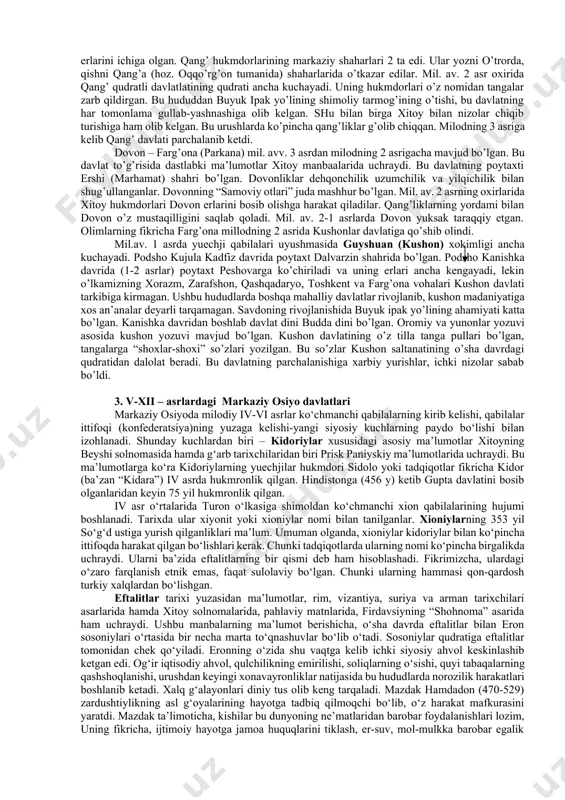 ida ijtimoiy-iqtisodiy yuksalish kuzatiladiki, bu yuksalish ilk davlatchilikning asosiy poydevori hisoblanadi. ahmoniylargacha bo’lgan davrda ba’zi bir vohalar, asosiy o’troq aholi joylashuvi o’lkalari edi. ularning hududlarida manzilgohlar, sug’orish inshootlari, o’zlashtirilgan er maydonlari bor edi. bir qancha shunga o’xshash, daryolar vohalarida joylashgan va umumiy aholi joylashuv hududlari bilan bog’liq bo’lgan erlar baqtriya, so’g’diyona, xorazm kabi tarixiy viloyatlarni tashkil etgan. e.v.rtveladzening so’nggi yillardagi (2001) xulosalariga ko’ra, o’rta osiyodagi ikki daryo oralig’ida qadimgi davr davlatchilik evolyusiyasining mil.avv. ii ming yillik va milodiy iv asri oralig’idagi vaqtni qamrab olgan bir necha davrlarni ajratib ko’rsatish mumkin. bular quyidagi davrlardir: birinchi davr – mil.avv. ii ming yillikning ikkinchi yarmi – o’zbekiston janubida embrional shakldagi davlatga o’xshash tuzilmaning qaror topishi. davlatning bunday namunasi jarqo’tonda o’z aksini topgan deyish mumkin. ikkinchi davr – mil.avv. i ming yillikning boshi – mil.avv. 539 yil – baqtriya, so’g’d, xorazm kabi tarixiy-madaniy viloyatlarning shakllanishi. ularda siyosiy hokimiyat to’lishining shaxobchali tizimiga ega bo’lgan davlatning …