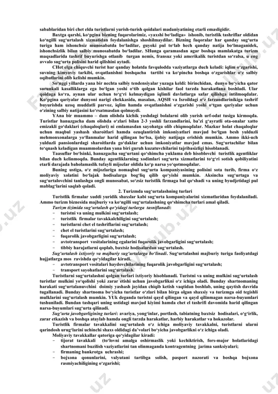 qonunining 3-moddasiga asosan: «tur - muayyan yo‘nalish bo‘yicha turistlik xizmatlar majmui (joy bandlash, joylashtirish, ovqatlantirish, transport, rekreatsiya, ekskursiya xizmatlari va boshqa xizmatlar) bilan ta’minlangan aniq muddatlardagi turistlik sayohat». yuqoridagi fikrlardan kelib chiqib, turmahsulotning asosiy elementlari bo‘yicha turistlik harajatlar tarkibi quyidagi holatda bo‘ladi: 3. ( тур (50%) қўшимча хизмат лар (30%) товарлар (20%) туристлик маҳсулот (100%) ) rasm.1. turmahsulotning asosiy elementlari bo‘yicha turistlik harajatlar tarkibi turistlik harajatlar tarkibida ko‘rsatilganidek turist sayohat uchun qiladigan umumiy harajatlarining o‘rtacha 50% -tur (turpaket) harajatlari, 30% - qo‘shimcha turistlik xizmatlar, 20% - tovar (sotib olish: suvenir va boshqalar) harajatlarini tashkil etadi. bundan ko‘rinib turibdiki asosiy xizmatlar turist harajatlarining asosini tashkil etsada, qo‘shimcha xizmatlar uchun turist qolgan bor pulining aksariyat qismini sarflay olar ekan. so‘nggi yillarda sug‘urtalanadigan hodisalar soni sezilarli darajada ortdi, ayniqsa, o‘lim holatlari kuzatildiki, jasadni uning doimiy yashash joyiga vataniga eltib qo‘yish vaziyatlariga duch kelishdi. qator davlatlarda odat tusiga kirgan sug‘urtalash holatlari yomonlashdi. sug‘urtalash holatini …