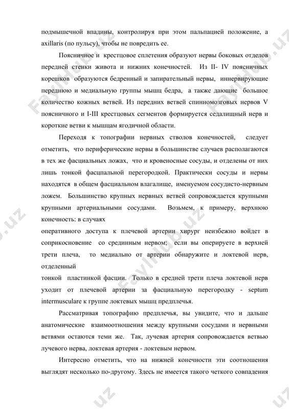 случаях оперативного доступа к плечевой артерии хирург неизбежно войдет в соприкосновение со срединным нервом; если вы оперируете в верхней трети плеча, то медиально от артерии обнаружите и локтевой нерв, отделенный тонкой пластинкой фасции. только в средней трети плеча локтевой нерв уходит от плечевой артерии за фасциальную перегородку - septum intermusculare к группе локтевых мышц предплечья. рассматривая топографию предплечья, вы увидите, что и дальше анатомические взаимоотношения между крупными сосудами и нервными ветвями остаются теми же. так, лучевая артерия сопровождается ветвью лучевого нерва, локтевая артерия - локтевым нервом. интересно отметить, что на нижней конечности эти соотношения выглядят несколько по-другому. здесь не имеется такого четкого совпадения расположения нервных ветвей и кровеносных сосудов, как на верхней конечности. возьмем к примеру бедренную артерию - самый крупный сосуд на периферии, снабжающий кровью нижнюю конечность; рядом с бедренной артерией нет ни одного крупного нерва. только на небольшом протяжении, сразу после выхода из lacuna musculorum, бедренный нерв располагается …