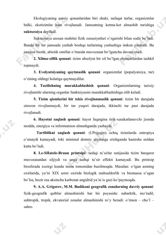 hamiyati to’g’risida gapirmasak ham bo’ladi. bizning respublikamizda tabiatni muhofaza qilishiga alohida e’tibor berilgan. prezidentimizning “o’zbekiston xxi asr bo’sag’asida xavfsizlikka tahdid; barqarorlik shartlari va taraqqiyot kafolatlari” va boshqa asarlarida ekologiya, ekologik ta’lim tarbiyaga katta e’tibor berganlar. 1992 yil 9 dekabrda “tabiatni muhofaza qilish” to’g’risidagi qonun qabul qilindi. bu qonun 11 bo’lim, 53 moddadan iborat. ushbu qonunda muhofaza ob’ektlari, tabiiy mulkchilik masalalari, tabiatni muhofaza qilishga doir huquqiy masalalar, hamda o’zbekiston respublikasi tabiatni muhofaza qilish davlat ko’mitasi huquqiy vakolatlari keng yotiritilgan. 1992 yil 8 dekabrda qabul qilingan o’zbekiston respublikasi konstitutsiyasining 55 moddasida “er, yer osti qazilma boyliklari, suv, o’simlik va hayvonat dunyosi va boshqa zaxiralar umummilliy boyliklar, ulardan oqilona foydalanish zarur va davlat muhofazasidadir” deb ta’kidlanagan. o’zbekiston jinoyat kodeksining xiv bo’limi “ekologiya sohasidagi jinoyatlar” deb nomlanadi. shu bo’limning xiv – bobi “atrof – muhitni muhofaza qilish va tabiatdan foydalanish sohasidagi jinoyatlar” deb ataladi. kuyida shu kodeksda belgilangan jinoyatlarning bir nechtasini misol tariqasida keltiramiz: …