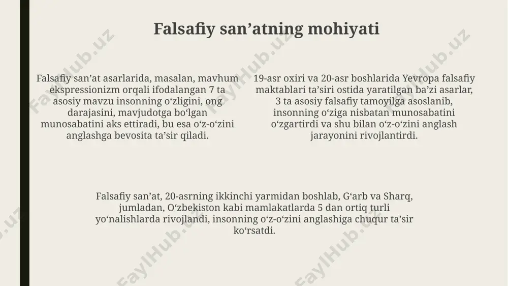 ga, shuningdek, ularning asarlaridagi estetik va semantik yuklarga ta'sir koʻrsatgan. badiiy terapiya usullaridan biri sifatida, 7-bosqichdan iborat boʻlgan samarqanddagi ijodkorlik ustaxonasida oʻtkazilgan tadqiqotlar, ijodkorlik jarayonining oʻz-oʻzini anglashga ijobiy ta'sirini va shaxsiy rivojlanishga yordam berishini koʻrsatdi. ijodiy jarayon, masalan, 5 yoshli bolaning rasm chizishdagi sodda ifodasi yoki 30 yoshli haykaltaroshning murakkab asari, oʻz-oʻzini anglashning chuqur darajasini ochib beradi, bu esa shaxsning ichki dunyosini tushunishga yordam beradi. sanʼat orqali oʻz-oʻzini kashf etish sanʼat, 19-asr oʻrta osiyosi misolida, oʻzlikni anglashning 3 ta asosiy bosqichini – shaxsiy tajriba, ijtimoiy munosabatlar va maʼnaviy qidiruvlarni – aks ettiradi. samarqand va buxoro shaharlaridagi tarixiy obidalar, 1000 yildan ortiq davr mobaynida, oʻzlikni anglash va oʻz madaniyatini tushunish jarayoniga chuqur taʼsir koʻrsatgan. 5 ta turli sanʼat shakllari – musiqa, rasm, adabiyot, teatr va haykaltaroshlik – oʻzbek madaniyatida oʻz-oʻzini anglashga hissa qoʻshgan va 20-asrda yangi oqimlarni keltirib chiqargan. falsafiy asarlarning taʼsiri 20-asr ekzistensializmi, sartre va kamyu asarlari orqali, evropa va …