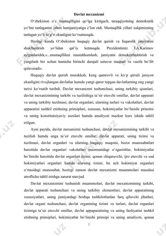 y elementlari, davlat apparatining xususiyatlari, uning jamiyatdagi boshqa tashkilotlardan farq qiluvchi jihatlari, davlat organi tushunchasi, davlat organining tizimi va turlari, davlat organlari tizimiga ta’sir etuvchi omillar, davlat appaparatining va uning faoliyatini tashkil etishning prinsiplari, hokimiyatlar bo‘linishi prinsipi va uning amaliyoti, qonun chiqaruvchi, ijro etuvchi va sud hokimiyati organlari, ularning tizimi, o‘zaro munosabati kabi masalalar tahlil etilgan. mustaqil davlatchiligimizni tashkil etish jahon davlat-chiligi amaliyotida sinalgan tamoyil–hokimiyatlar bo‘linishiga asoslanishi asosiy qonunimizda mustahkamlab qo‘yildi. hokimiyatlar bo‘linishi tamoyili hokimiyat organlarini tashkil etishning samarali mexanizmi sifatida o‘zini ko‘rsatib kelmoqda. o‘zbekistonning mustaqil davlat sifatida qabul qilgan dastlabki qonunlaridan biri bo‘lgan davlat mustaqilligi asoslari to‘g‘risidagi qonunning 5-moddasidayoq hokimiyatlar bo‘linishi tamoyili mustahkamlangan edi. 1992 yil 8-dekabrda qabul qilingan konstitutsiyamizning 11-moddasida bu tamoyil uzil-kesil konstitutsiyaviy tarzda mustahkamlab qo‘yildi. malumki, hokimiyatlar bo‘linishi tamoyili davlat hokimiyatining samarali ishlashini ta’minlaydi. bu tamoyilga ko‘ra yaxlit davlat hokimiyati uchta tarmoqqa ajratiladi, har bir tarmoq boshqasining faoliyatini nazorat etib turadi, shu tariqa hokimiyat suiiste’mol qilinishining …