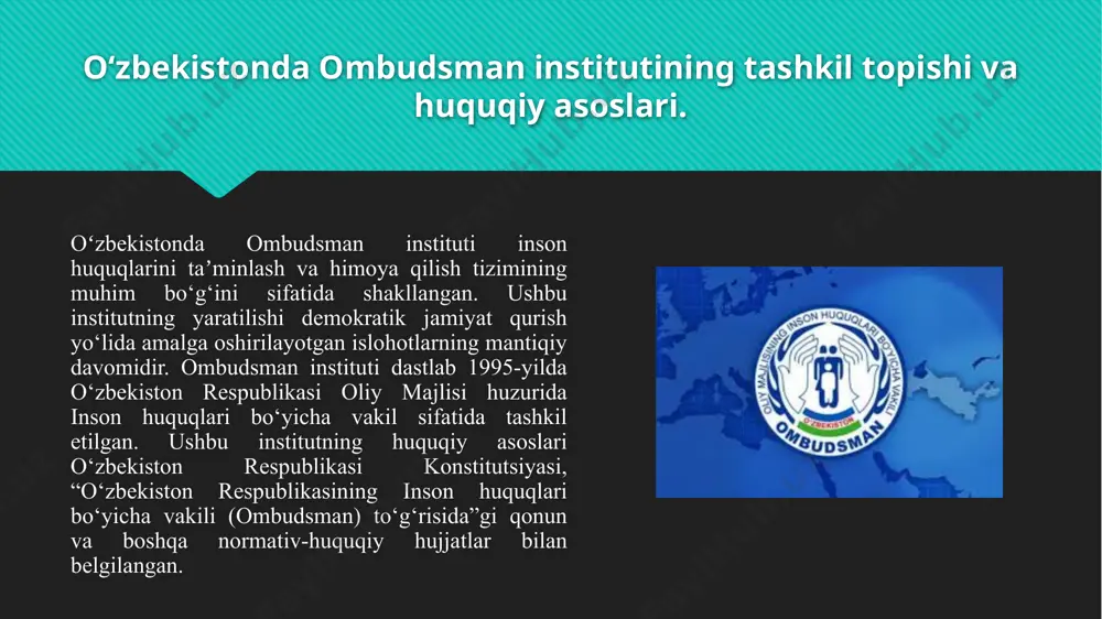 onidan olib borilayotgan harakatlar yoki qarorlar bilan bog‘liq xatoliklardan himoya qilish, ular huquqlarini buzilishining oldini olish, va barcha fuqaro toifalarining teng huquqligini ta’minlash mavjud. ombudsman institutining amaliy natijalari ko‘plab mamlakatlarda ijobiy tahlil qilingan. misol uchun, inson huquqlarining ta’minlanishi, davlat organlari bilan fuqarolar o‘rtasidagi ishonchning oshishi va boshqaruv tizimining shaffofligi kabi sohalarda samarali natijalar ko‘rsatilgan. ombudsman tomonidan chiqarilgan qarorlar va tavsiyalar, odatda, davlat organlari uchun muhim yo‘riqnomalar sifatida xizmat qiladi. ularning faoliyati orqali jamoatchilikning fikrini inobatga olish, davlatning huquqiy madaniyatini yuksaltirishga yordam beradi. rivojlanish istiqbollari bo‘yicha, ombudsman institutining yanada mustahkamlanishi va davlat organlari bilan hamkorlikda ishlashning yanada samarali tizimiga o‘tish zarur. bu, fuqarolarni himoya qilish tizimini kuchaytirish, shuningdek, davlatning yuksak darajadagi qonun ustuvorligini ta’minlashga yordam beradi. bundan tashqari, ombudsmanlarning jamoat tashkilotlari va xalqaro tashkilotlar bilan hamkorligini rivojlantirish orqali xalqaro tajriba va eng yaxshi amaliyotlarni o‘rganish, shuningdek, mamlakat ichida huquqiy va ijtimoiy adolatni yanada chuqurlashtirish mumkin. bu tizimning samaradorligini oshiradi va fuqarolarning …