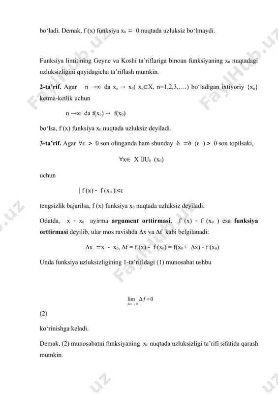 g x = 0 nuqtadagi o‘ng va chap limitlari mavjud emas. murakkab funksiyaning uzluksizligi. faraz qilaylik, y = f (x) funksiya x r to‘plamda, u = f(y) funksiya esa yf to‘plamda aniqlangan bo‘lib, ular yordamida u = f( f (x)) murakkab funksiya tuzilgan bo‘lsin. 1-teorema. agar y = f (x) funksiya x0 x nuqtada, u = f (y) funksiya esa y0 yf nuqtada (y0 = f (x0 )) uzluksiz bo‘lsa, f( f (x)) funksiya x0 nuqtada uzluksiz bo‘ladi. ◄ u = f (y) funksiya y0 yf nuqtada (y0 = f (x0 )) uzluksiz bo‘lgani uchun (5) ya’ni, |f( f (x)) - f( f (x0 ))| 0 va m >0 sonlari topiladiki, x x  uδ (x0 ) da | f (x)| 0 son topiladiki, x x  uδ (x0 ) da sign f (x0) = sign f (x0 ) bo‘ladi, ya’ni f (x) funksiyaning , uδ (x0) dagi ishorasi f …
