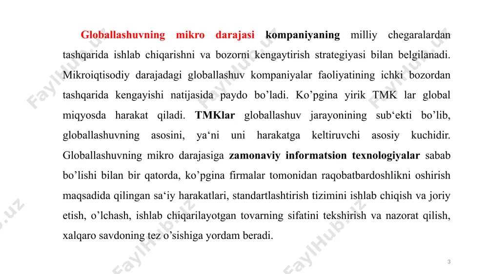 di. to’siqlarning tugatilishi va xalqaro almashuv maydonlarining kengayishi natijasida milliy iqtisodiyotning ixtisoslashuvi va o’zaro bog’liqligi kengayishi, umumjahon xo’jaligi yuzaga kelishi ro’y beradi. 8 jahon iqtisodiyotida xalqaro mehnat taqsimotining rivojlanishiga qanday omillar ta‘sir qiladi? birinchidan, ishlab chiqarish unumdorligini oshirish, ikkinchidan, ishlab chiqarishda samaradorlikni ko’tarish, uchinchidan, ishlab chiqarish xarajatlarini kamaytirishga intilish zarurati kabi omillar ta‘sir qiladi. birlashgan millatlar tashkilotining savdo va taraqqiyot bo’yicha konferensiyasi (yunktad) ma‘lumotlariga qaraganda, global qo’shilgan qiymat zanjirlari (gqqz) xalqaro mehnat taqsimotida borgan sari rivojlanib bormoqda. jahon iqtisodiyotida korxonalarning gqqzga ulanishini nazarda tutuvchi jarayonlarini jadallashtirish katta ahamiyatga ega bo’lmoqda. hozirga kelib, xalqaro savdoning 80 foizi gqqz orqali amalga oshirilib, mazkur jarayonda transmilliy korporatsiyalar yetakchi rol o’ynamoqda. 3. jahon iqtisodiyoti globallashuvining belgilari. 9 10 xalqaro iqtisodiy munosabatlarning zamonaviy tuzilmasi xususiyatlari: a) samarali, yuqori texnologik hamda resurslarni tejovchi ijtimoiy ishlab chiqarish bilan tavsiflanuvchi axborotlar iqtisodiyotini shakllantirish; b) konveyer, keng xalq ommasi iste’moliga asoslangan industrial tizimni davlat, aralash va ayniqsa, xususiy kompaniyalarning …