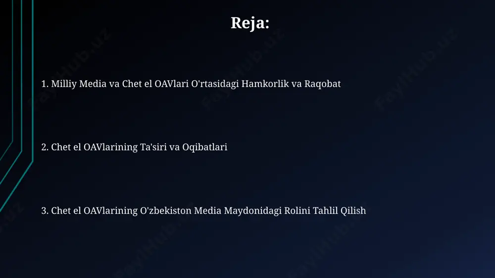 media landshaftiga ta'siri 2020 yildan beri youtube va facebook kabi platformalarda chet el oavlari tomonidan tarqatilgan o'zbekiston haqidagi xabarlar soni 3 baravar oshgan, bu esa ommaviy fikr shakllanishiga sezilarli ta'sir ko'rsatmoqda. chet el oavlarining o'zbekistondagi onlayn auditoriyasining 70% dan ortig'ini egallaganligi raqamli media bozorida ulkan ta'sirga ega ekanligini ko'rsatadi. e'tiboringiz uchun rahmat @taqdimot_robot image1.jpg image2.jpg image3.jpg image4.jpg image5.jpg