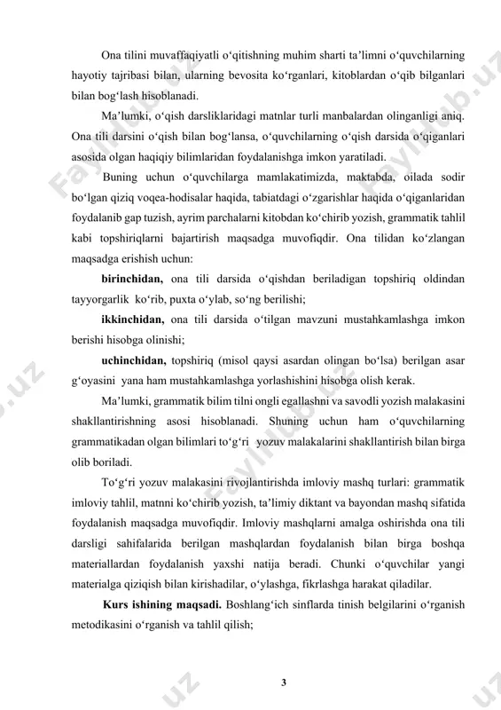 ishini hisobga olish kerak. maʼlumki, grammatik bilim tilni ongli egallashni va savodli yozish malakasini shakllantirishning asosi hisoblanadi. shuning uchun ham oʻquvchilarning grammatikadan olgan bilimlari toʻgʻri yozuv malakalarini shakllantirish bilan birga olib boriladi. toʻgʻri yozuv malakasini rivojlantirishda imloviy mashq turlari: grammatik imloviy tahlil, matnni koʻchirib yozish, taʼlimiy diktant va bayondan mashq sifatida foydalanish maqsadga muvofiqdir. imloviy mashqlarni amalga oshirishda ona tili darsligi sahifalarida berilgan mashqlardan foydalanish bilan birga boshqa materiallardan foydalanish yaxshi natija beradi. chunki oʻquvchilar yangi materialga qiziqish bilan kirishadilar, oʻylashga, fikrlashga harakat qiladilar. kurs ishining maqsadi. boshlangʻich sinflarda tinish belgilarini oʻrganish metodikasini oʻrganish va tahlil qilish; kurs ishining obyekti. boshlangʻich sinflarda tinish belgilarini oʻrgatishning nazariy va amaliy asoslari; kurs ishning predmeti. boshlangʻich sinflarda tinish belgilarining toʻgʻri qoʻllanilishini oʻrgatishda zamonaviy taʼlim metodlaridan foydalanish usul va vositalari; kurs ishining vazifalari quyidagilardan iborat: 1. boshlangʻich sinf matn va badiiy asarlarida tinish belgilarining qoʻllanilishini va uning oʻziga xosliklarini oʻrganish; 2. boshlangʻich sinf oʻquvchilariga …